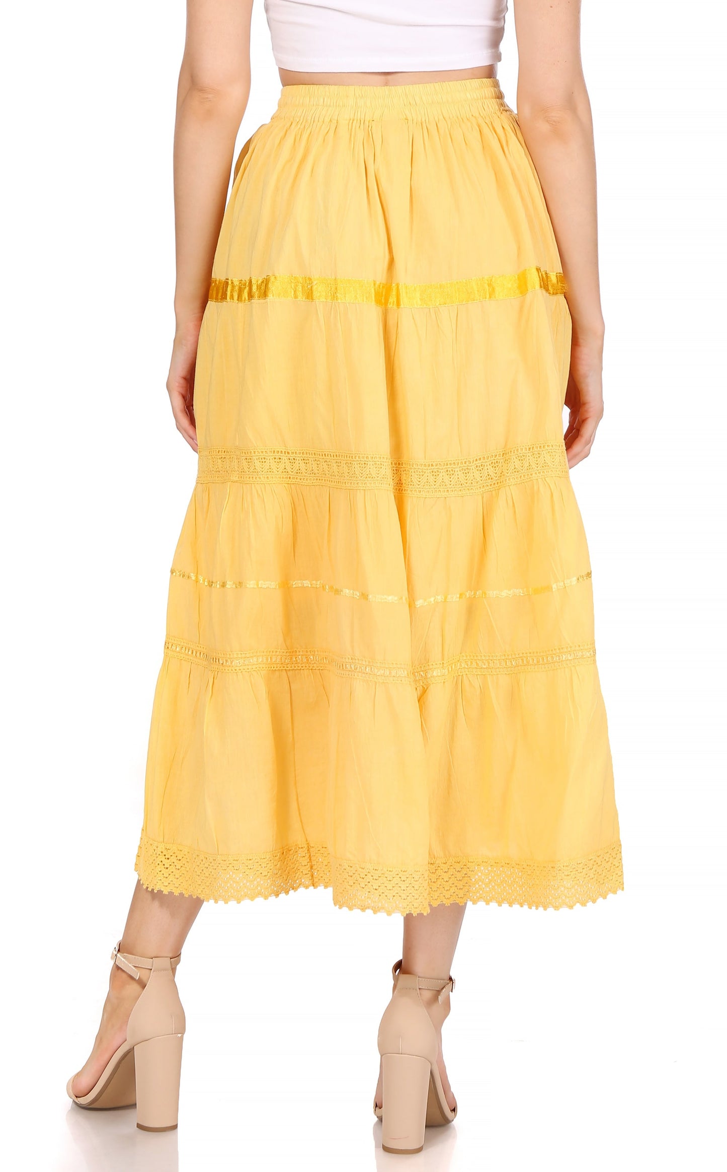 Sakkas Solid Embroidered Gypsy / Bohemian Mid Length Cotton Skirt - Concordia Style Boutique