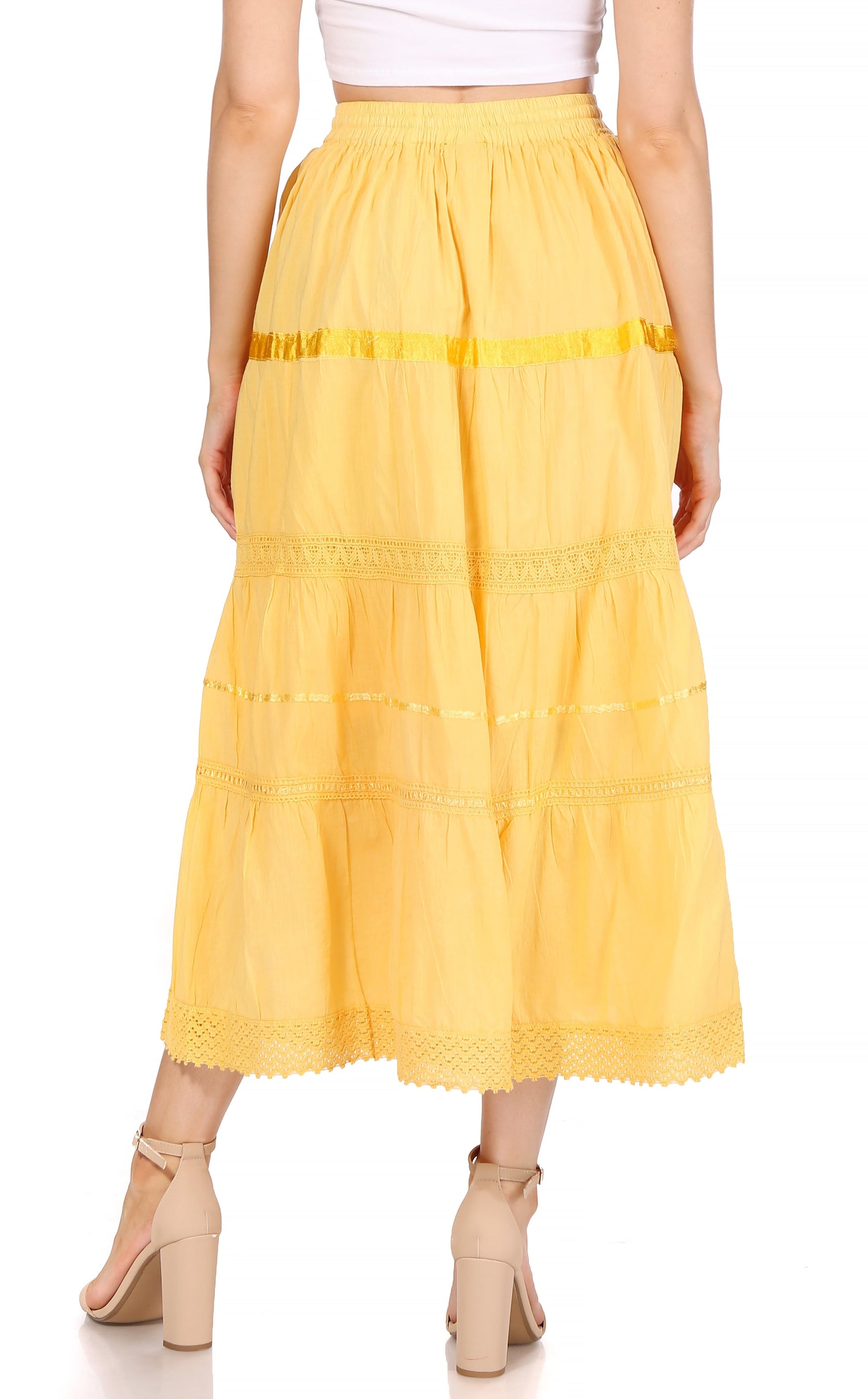 Sakkas Solid Embroidered Gypsy / Bohemian Mid Length Cotton Skirt - Concordia Style Boutique