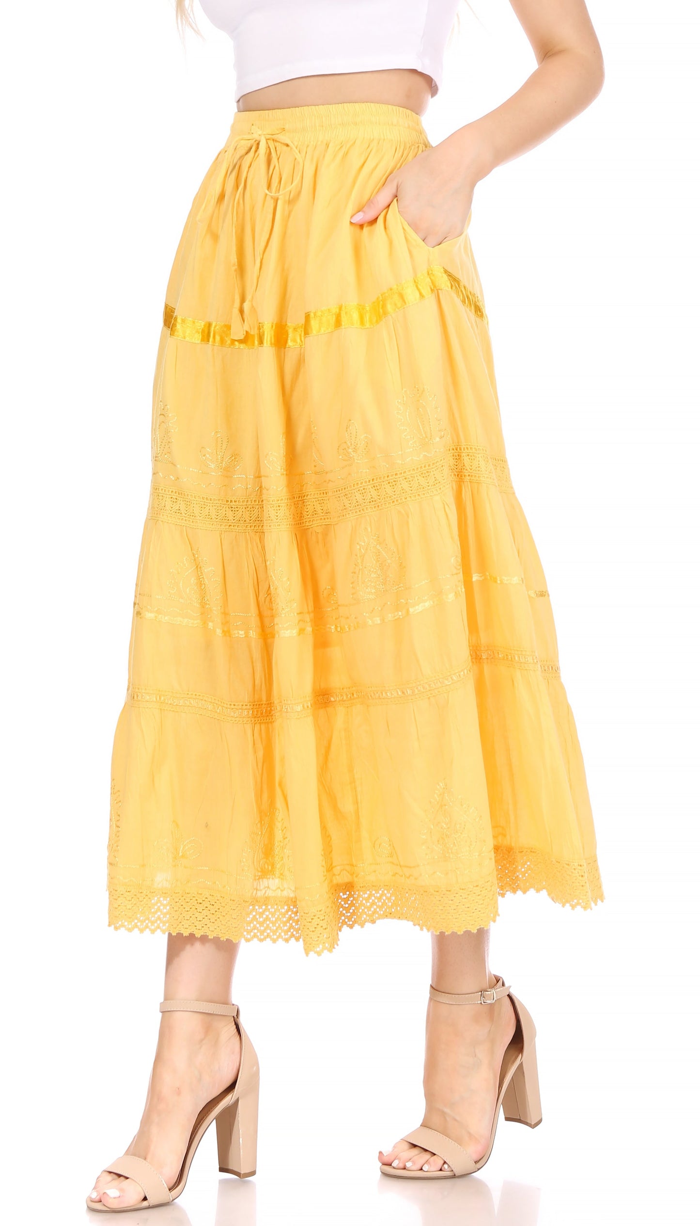 Sakkas Solid Embroidered Gypsy / Bohemian Mid Length Cotton Skirt - Concordia Style Boutique