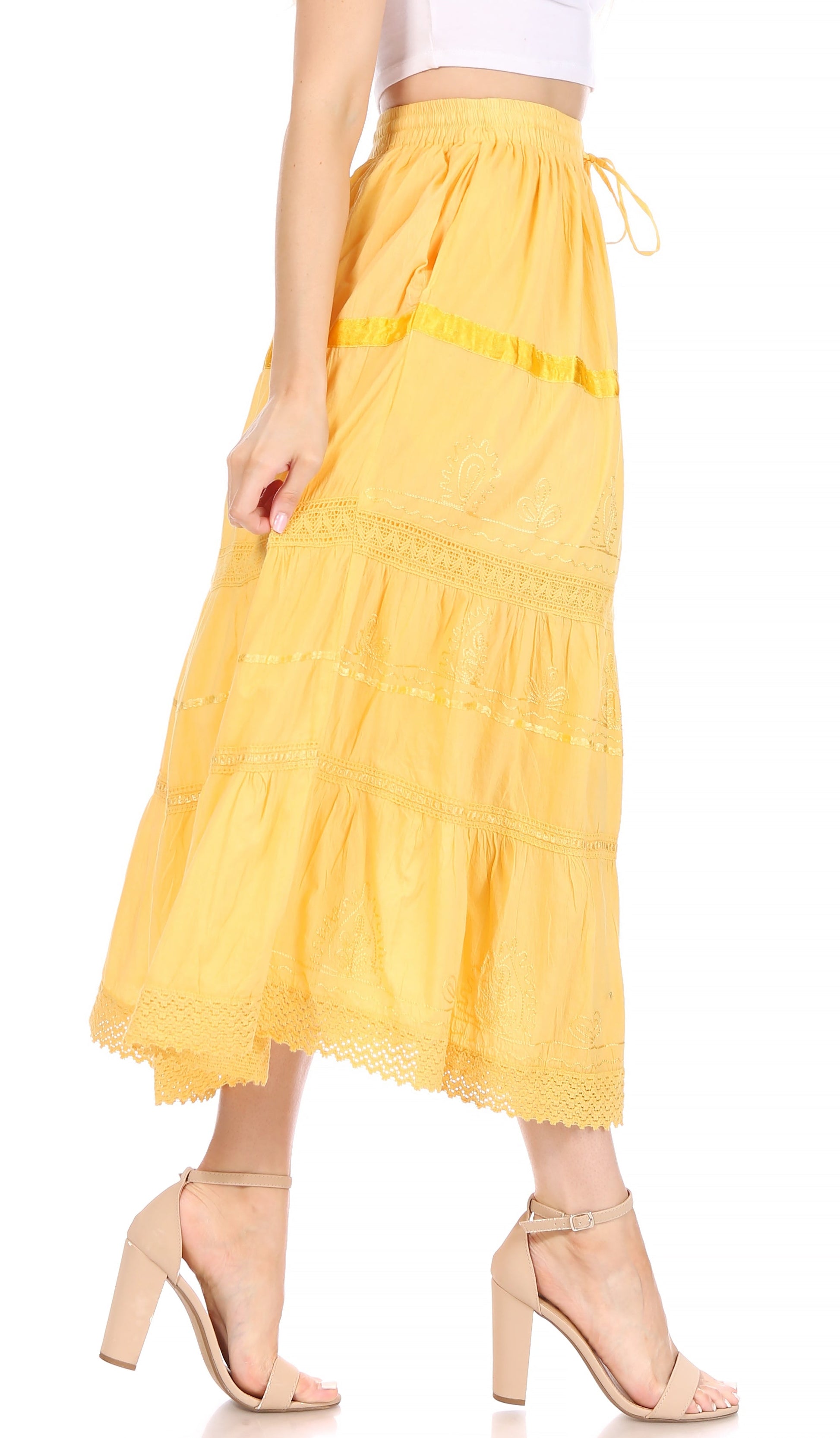 Sakkas Solid Embroidered Gypsy / Bohemian Mid Length Cotton Skirt - Concordia Style Boutique