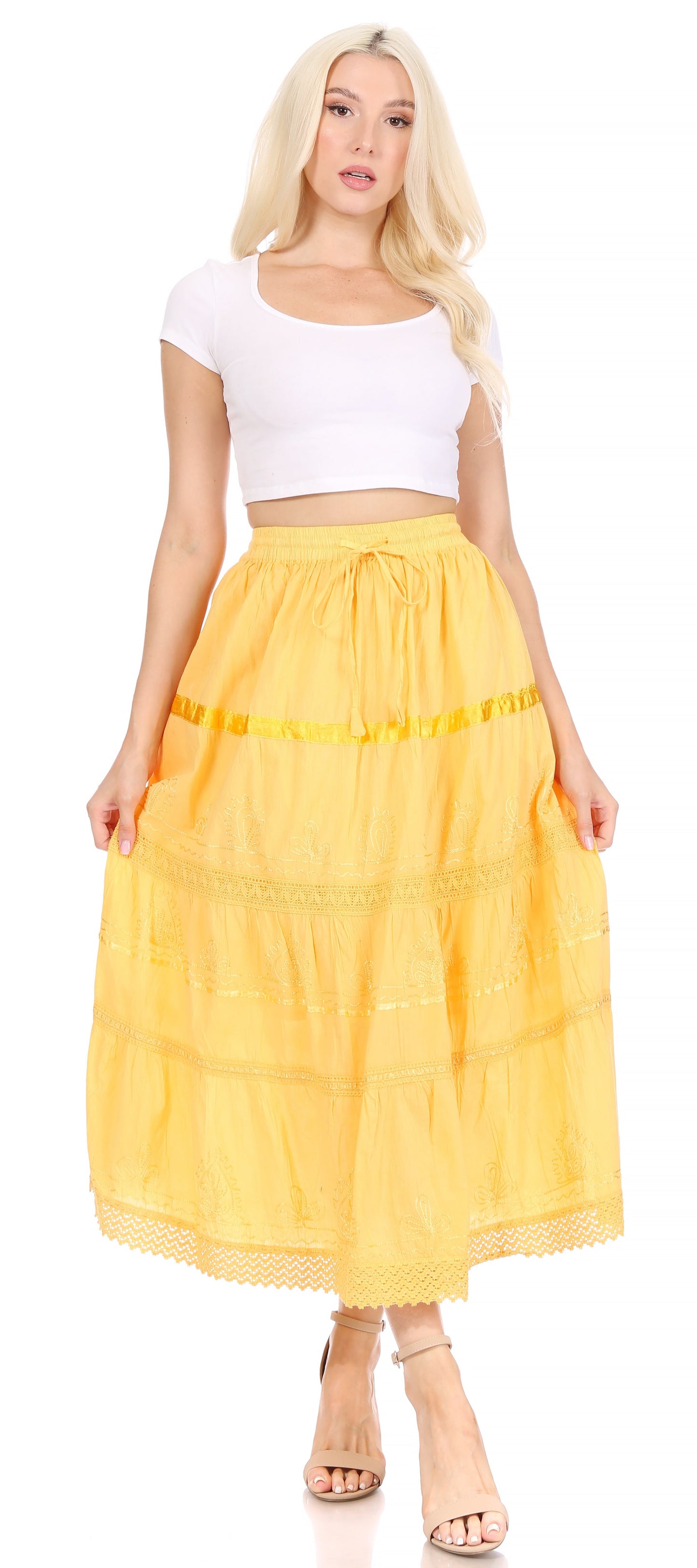 Sakkas Solid Embroidered Gypsy / Bohemian Mid Length Cotton Skirt - Concordia Style Boutique