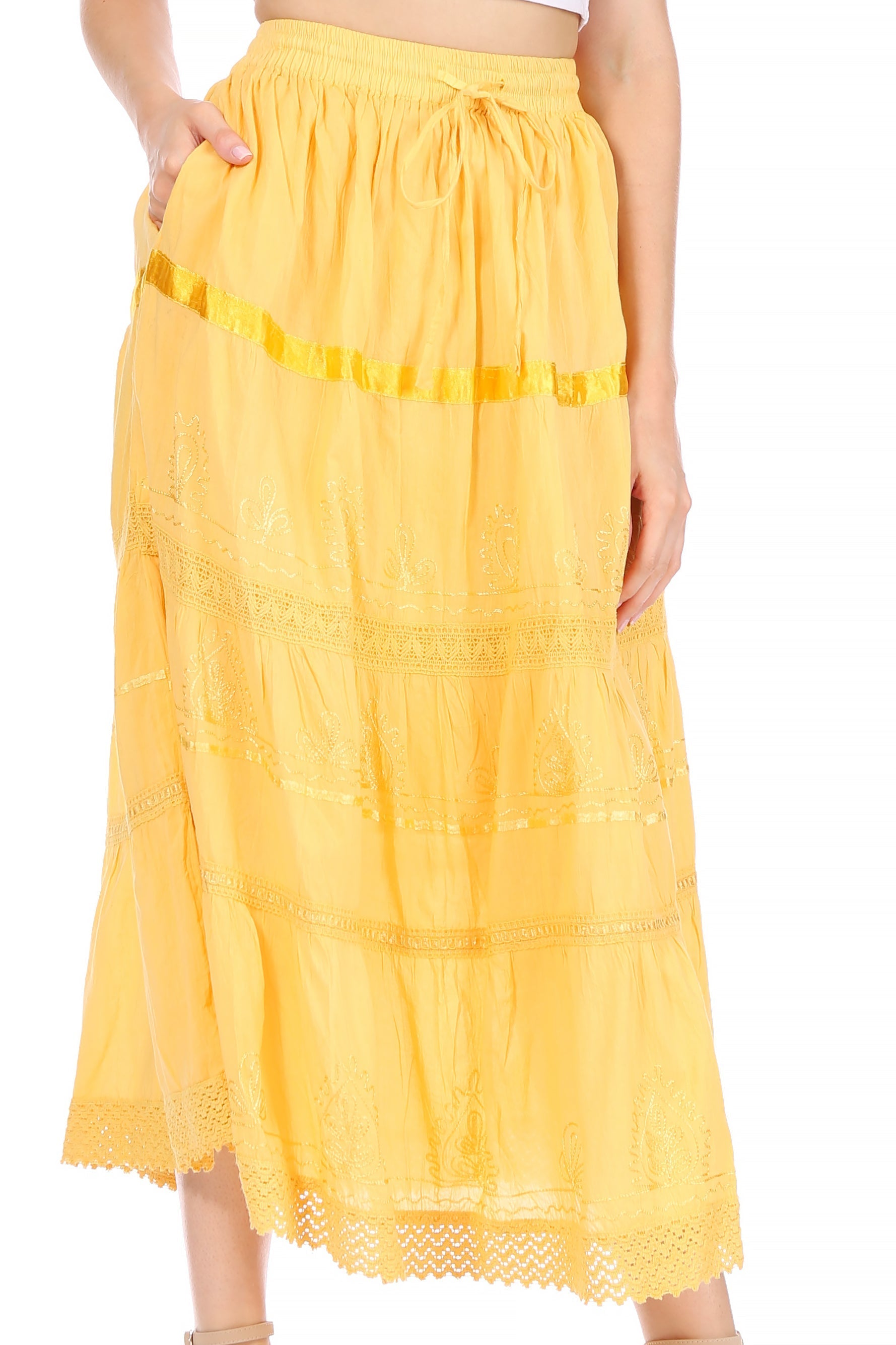 Sakkas Solid Embroidered Gypsy / Bohemian Mid Length Cotton Skirt - Concordia Style Boutique