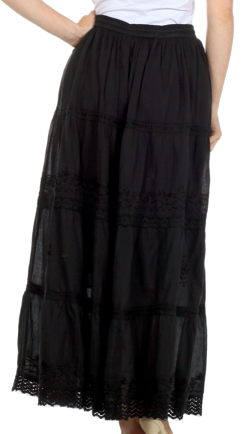 Sakkas Solid Embroidered Crochet Lace Trim Gypsy Bohemian Mid Length Cotton Skirt - Concordia Style Boutique