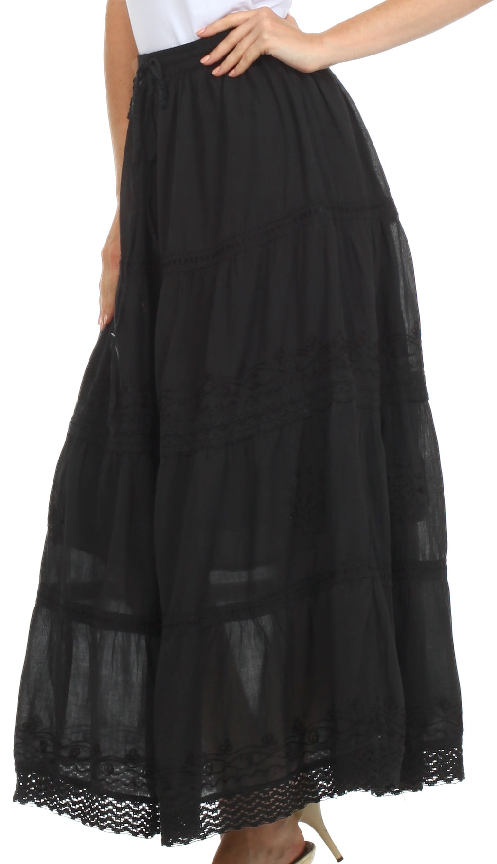 Sakkas Solid Embroidered Crochet Lace Trim Gypsy Bohemian Mid Length Cotton Skirt - Concordia Style Boutique