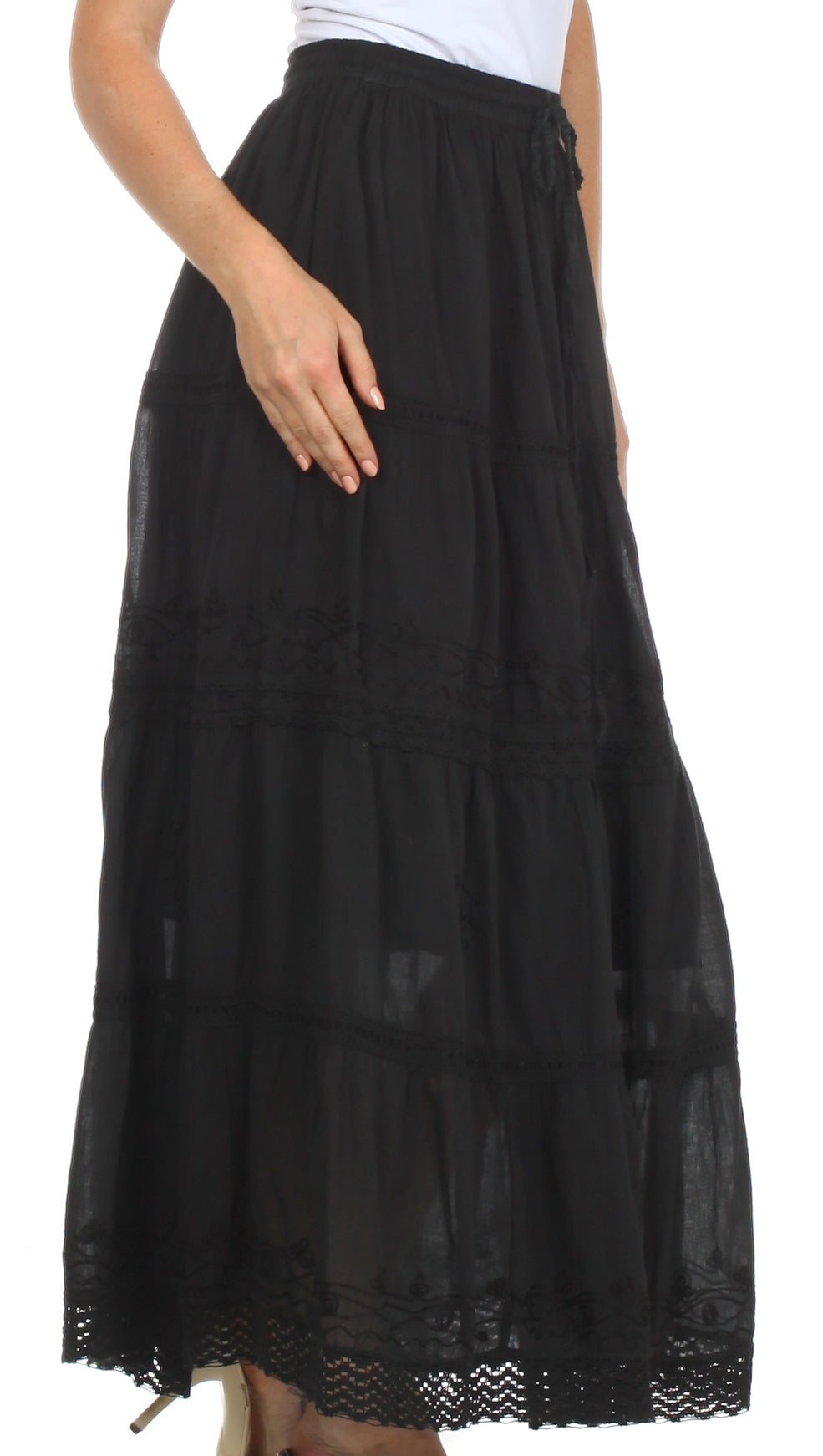 Sakkas Solid Embroidered Crochet Lace Trim Gypsy Bohemian Mid Length Cotton Skirt - Concordia Style Boutique