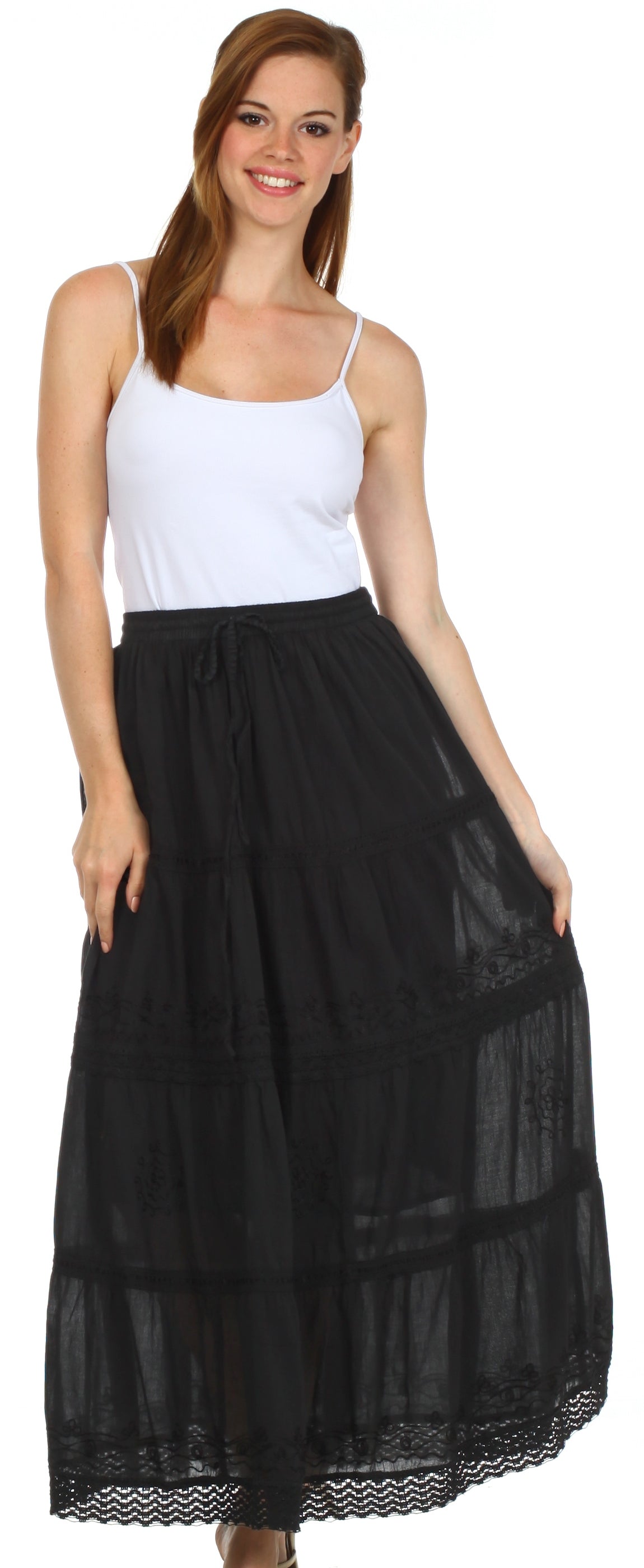 Sakkas Solid Embroidered Crochet Lace Trim Gypsy Bohemian Mid Length Cotton Skirt - Concordia Style Boutique
