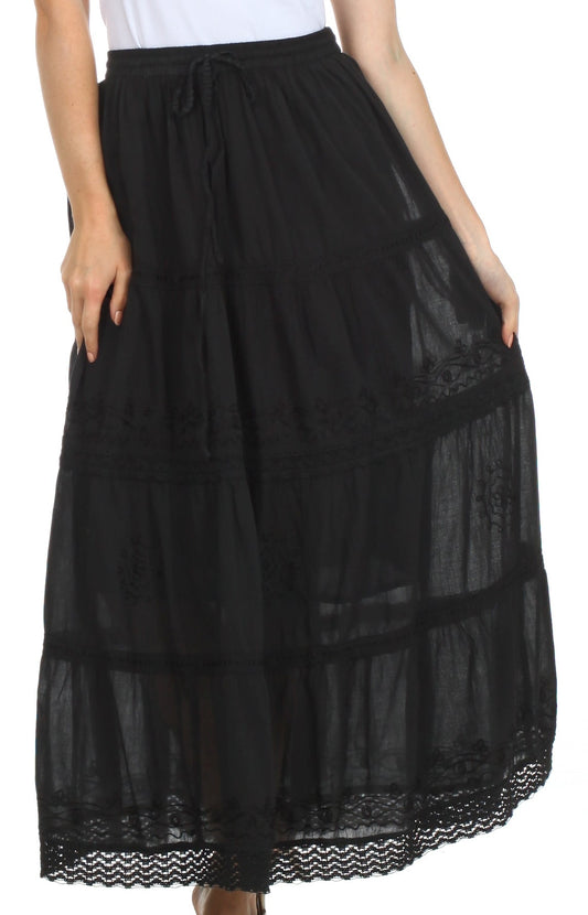 Sakkas Solid Embroidered Crochet Lace Trim Gypsy Bohemian Mid Length Cotton Skirt - Concordia Style Boutique