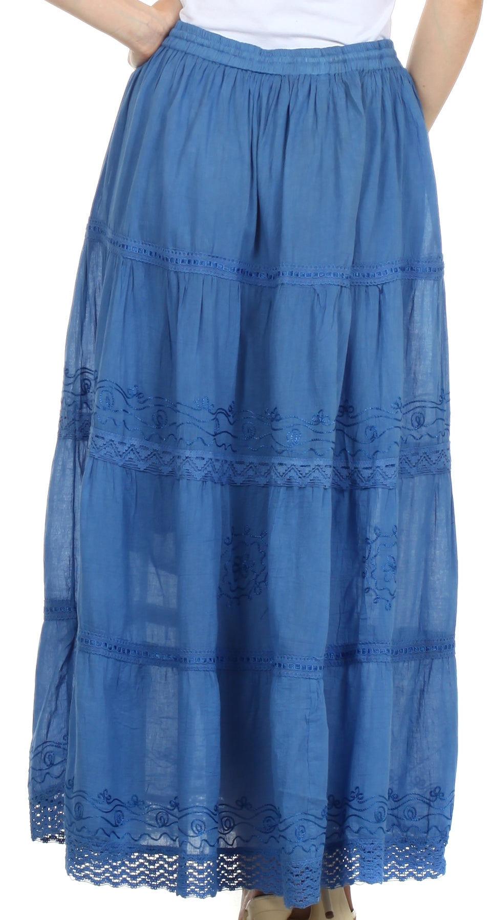 Sakkas Solid Embroidered Crochet Lace Trim Gypsy Bohemian Mid Length Cotton Skirt - Concordia Style Boutique