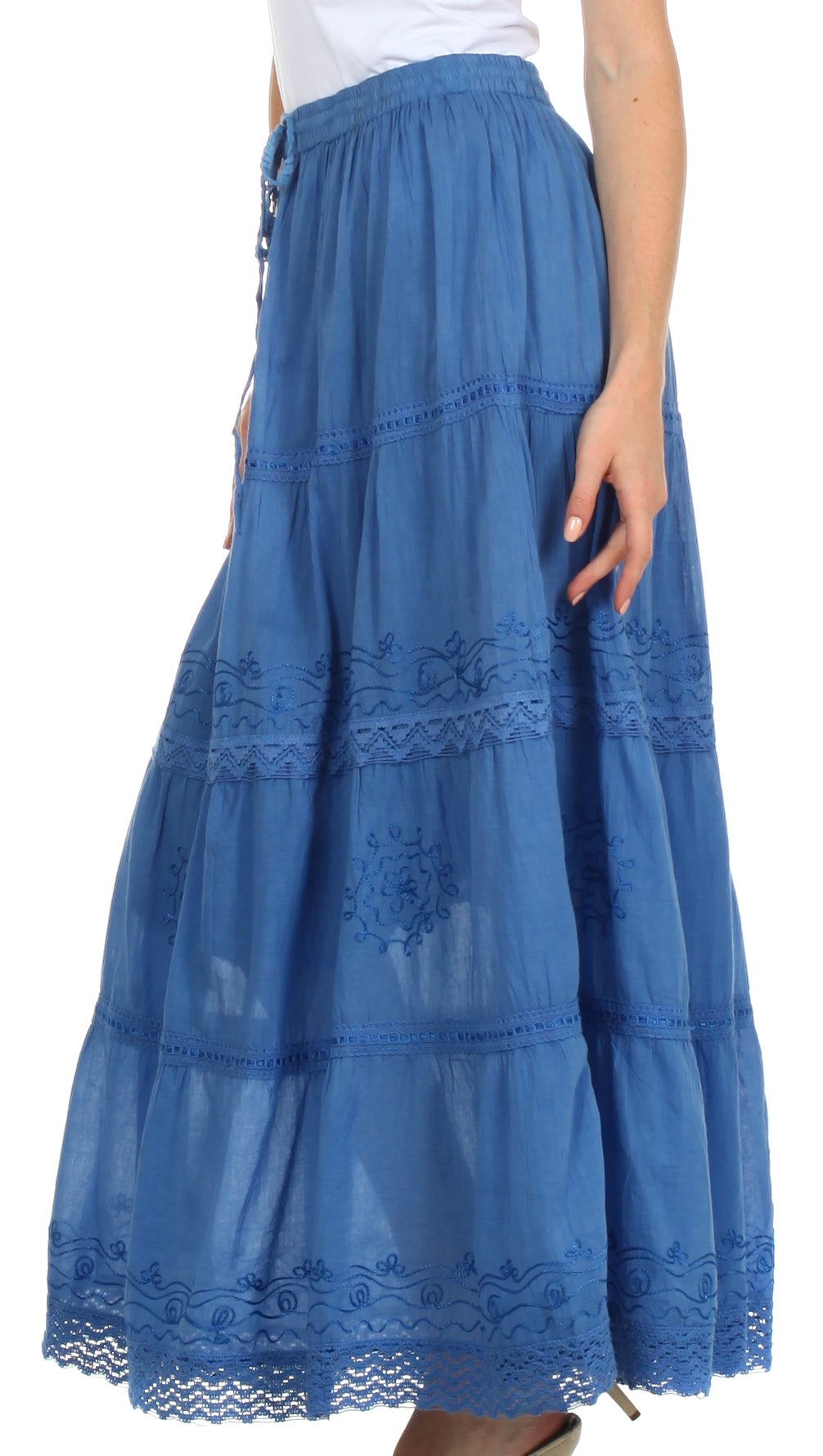 Sakkas Solid Embroidered Crochet Lace Trim Gypsy Bohemian Mid Length Cotton Skirt - Concordia Style Boutique