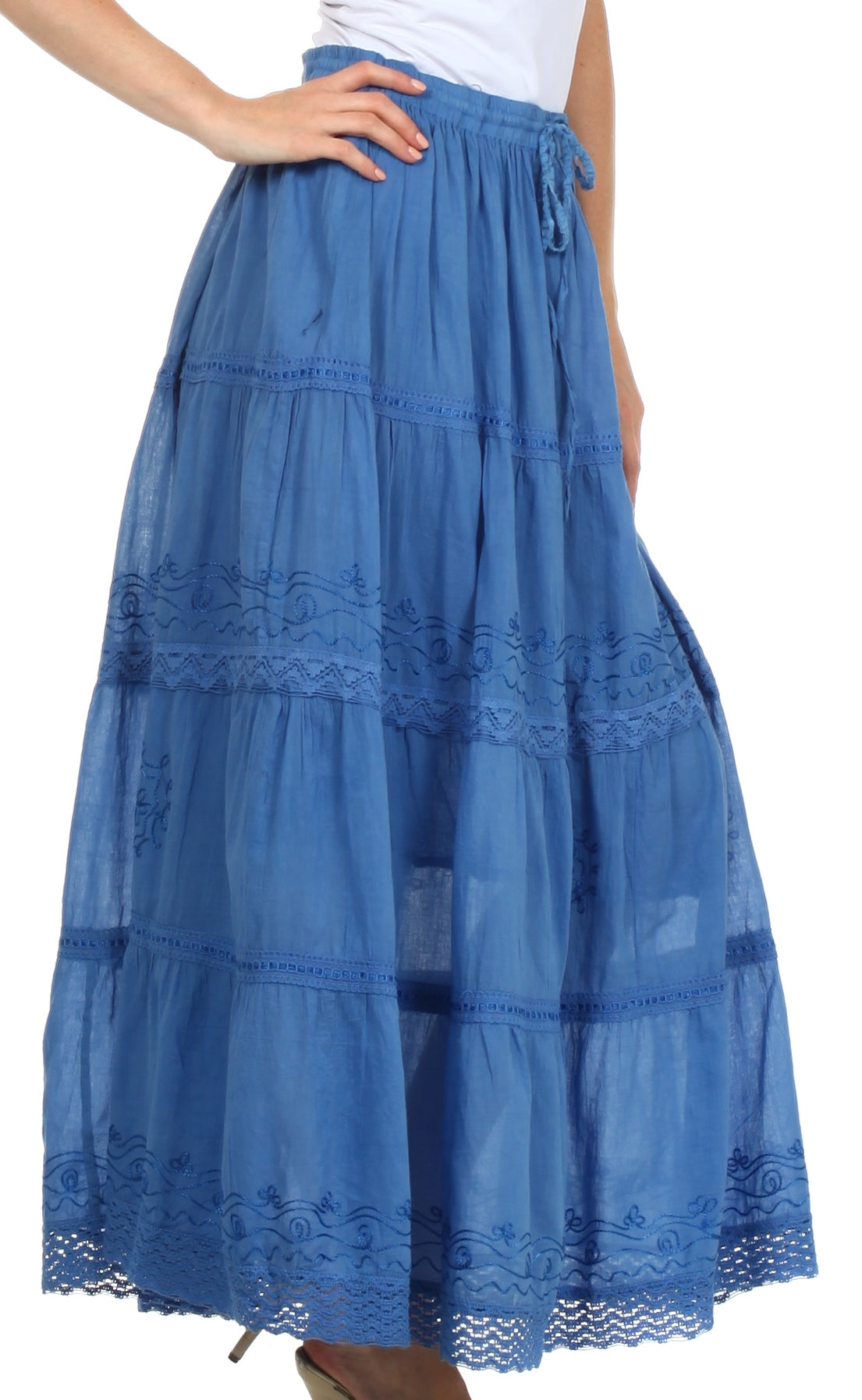 Sakkas Solid Embroidered Crochet Lace Trim Gypsy Bohemian Mid Length Cotton Skirt - Concordia Style Boutique
