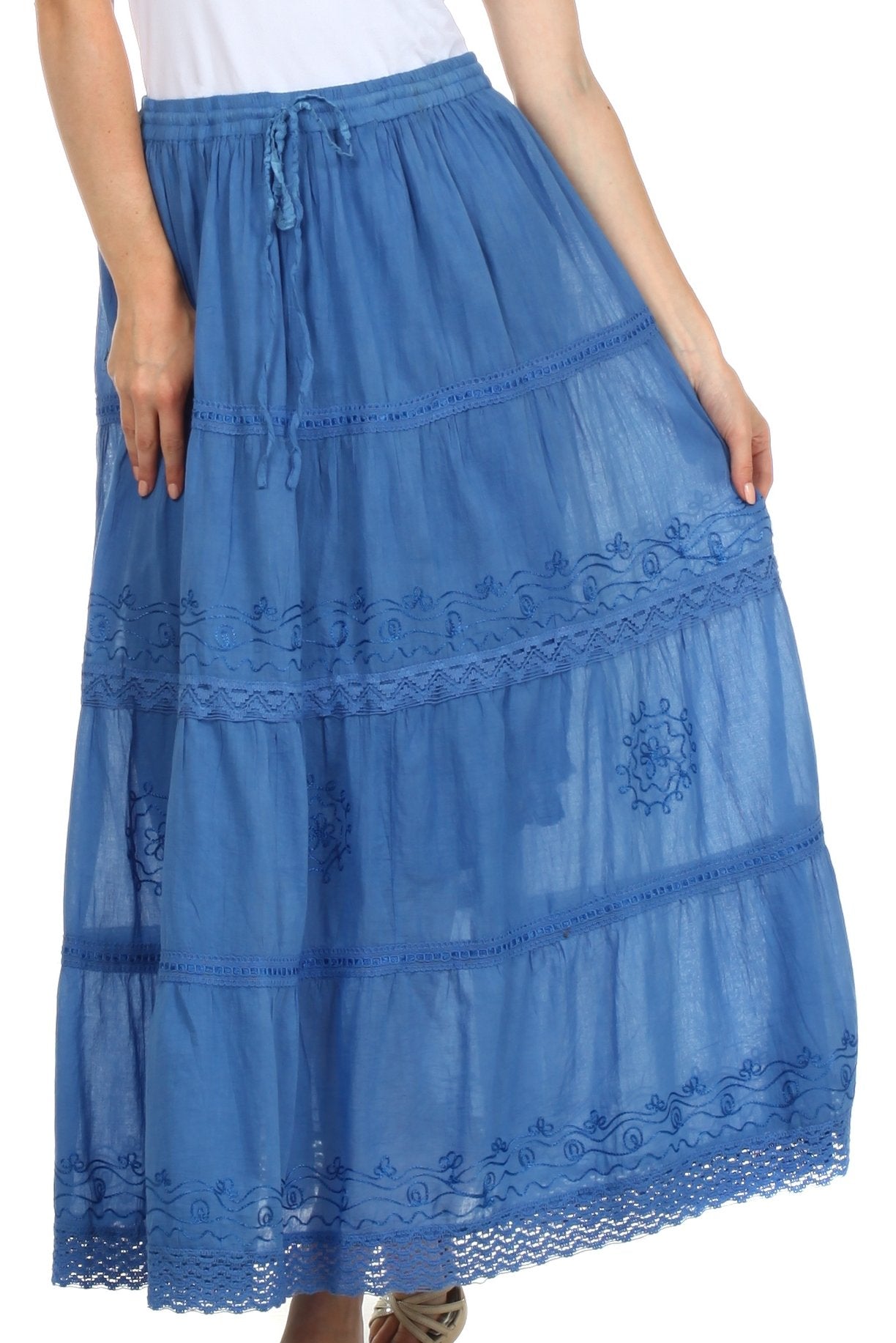 Sakkas Solid Embroidered Crochet Lace Trim Gypsy Bohemian Mid Length Cotton Skirt - Concordia Style Boutique