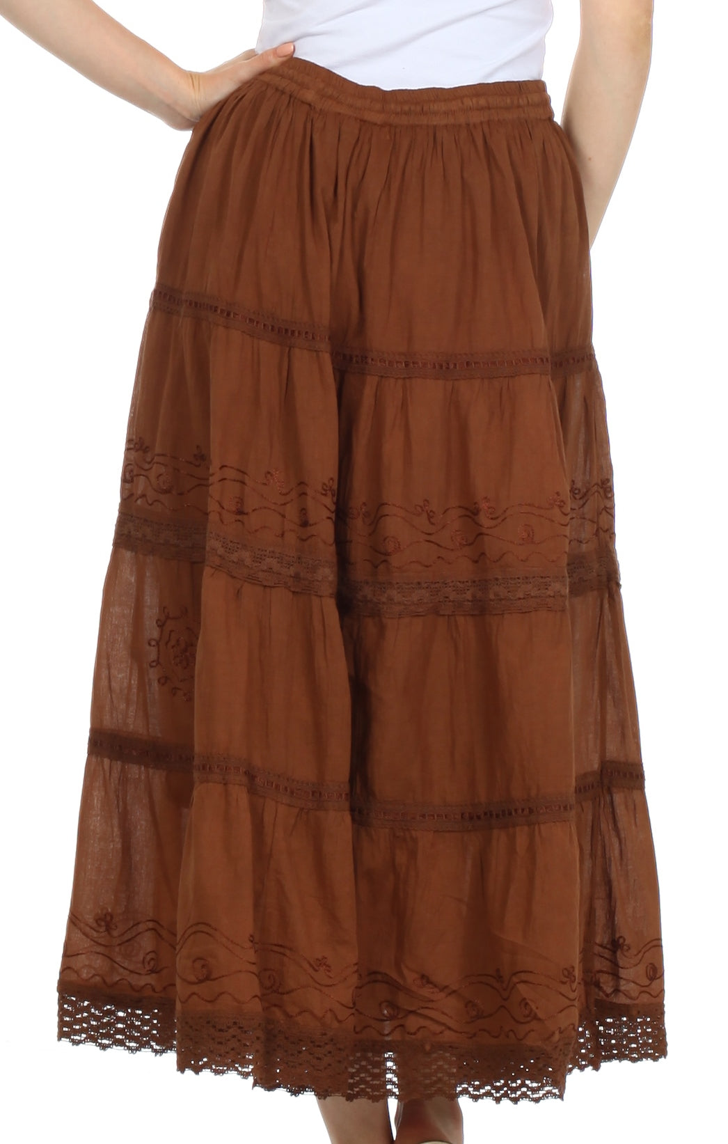 Sakkas Solid Embroidered Crochet Lace Trim Gypsy Bohemian Mid Length Cotton Skirt - Concordia Style Boutique