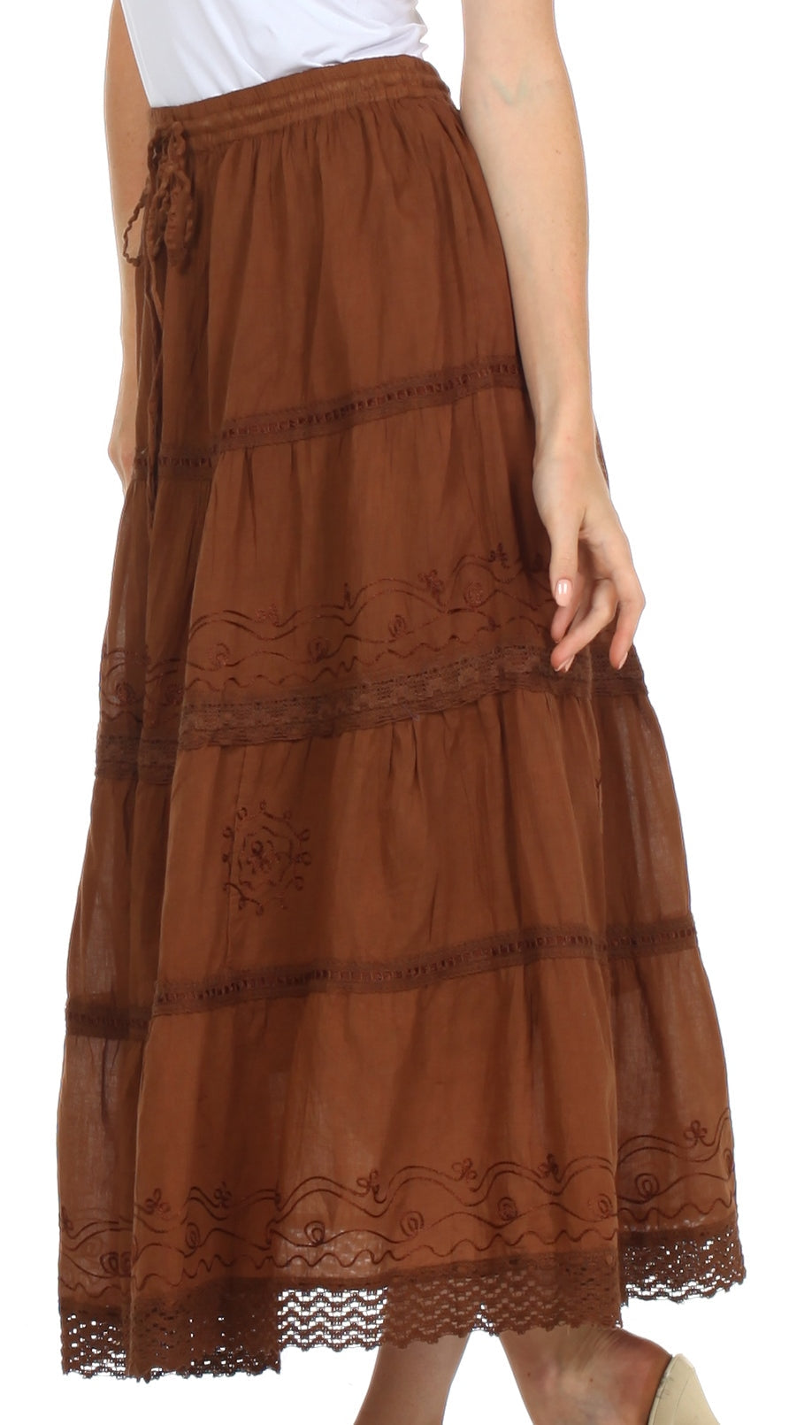 Sakkas Solid Embroidered Crochet Lace Trim Gypsy Bohemian Mid Length Cotton Skirt - Concordia Style Boutique