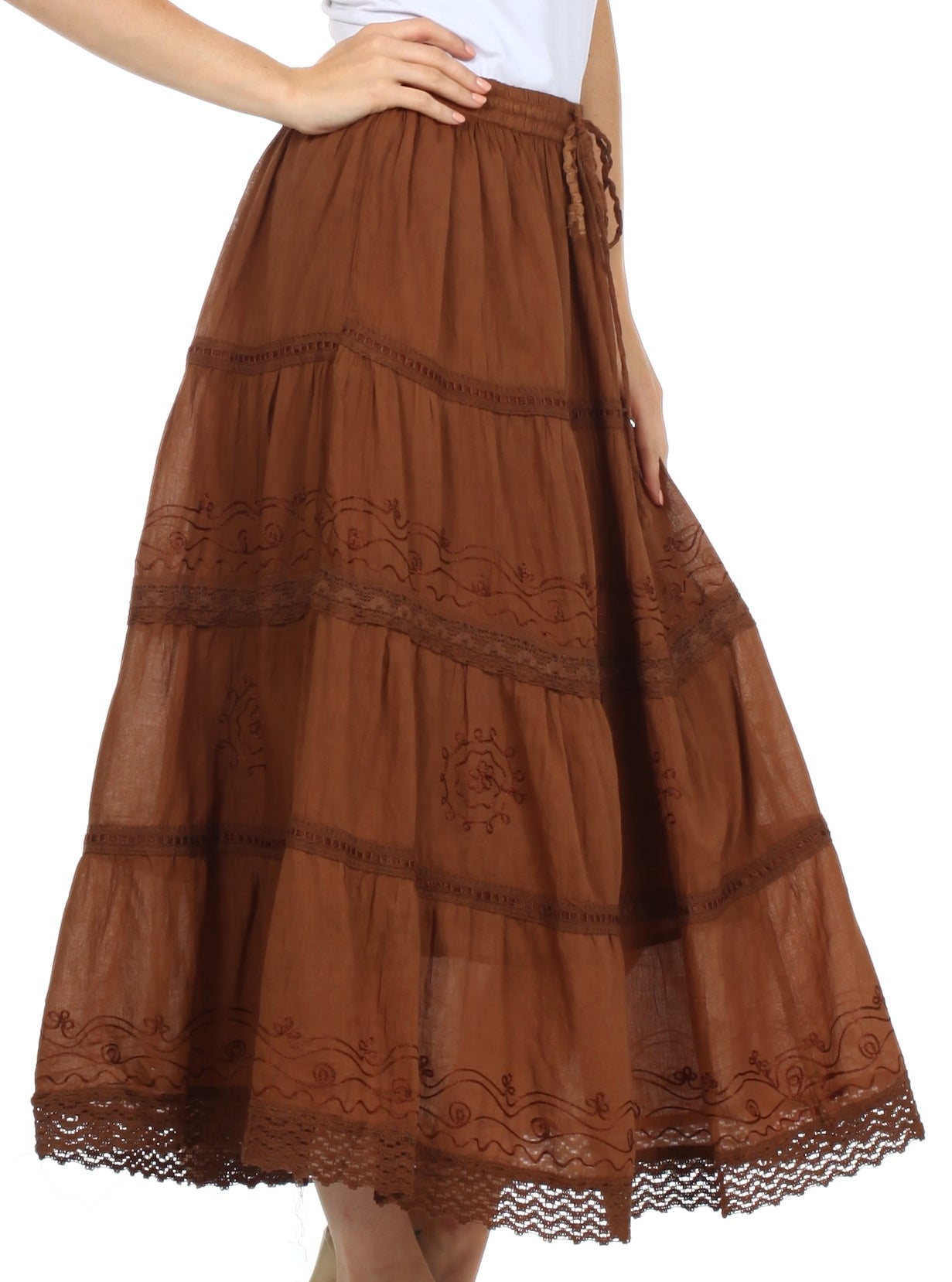Sakkas Solid Embroidered Crochet Lace Trim Gypsy Bohemian Mid Length Cotton Skirt - Concordia Style Boutique