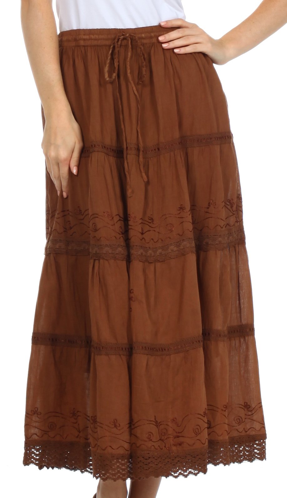Sakkas Solid Embroidered Crochet Lace Trim Gypsy Bohemian Mid Length Cotton Skirt - Concordia Style Boutique
