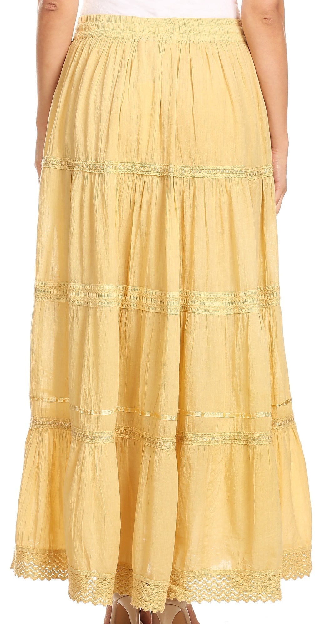 Sakkas Solid Embroidered Crochet Lace Trim Gypsy Bohemian Mid Length Cotton Skirt - Concordia Style Boutique