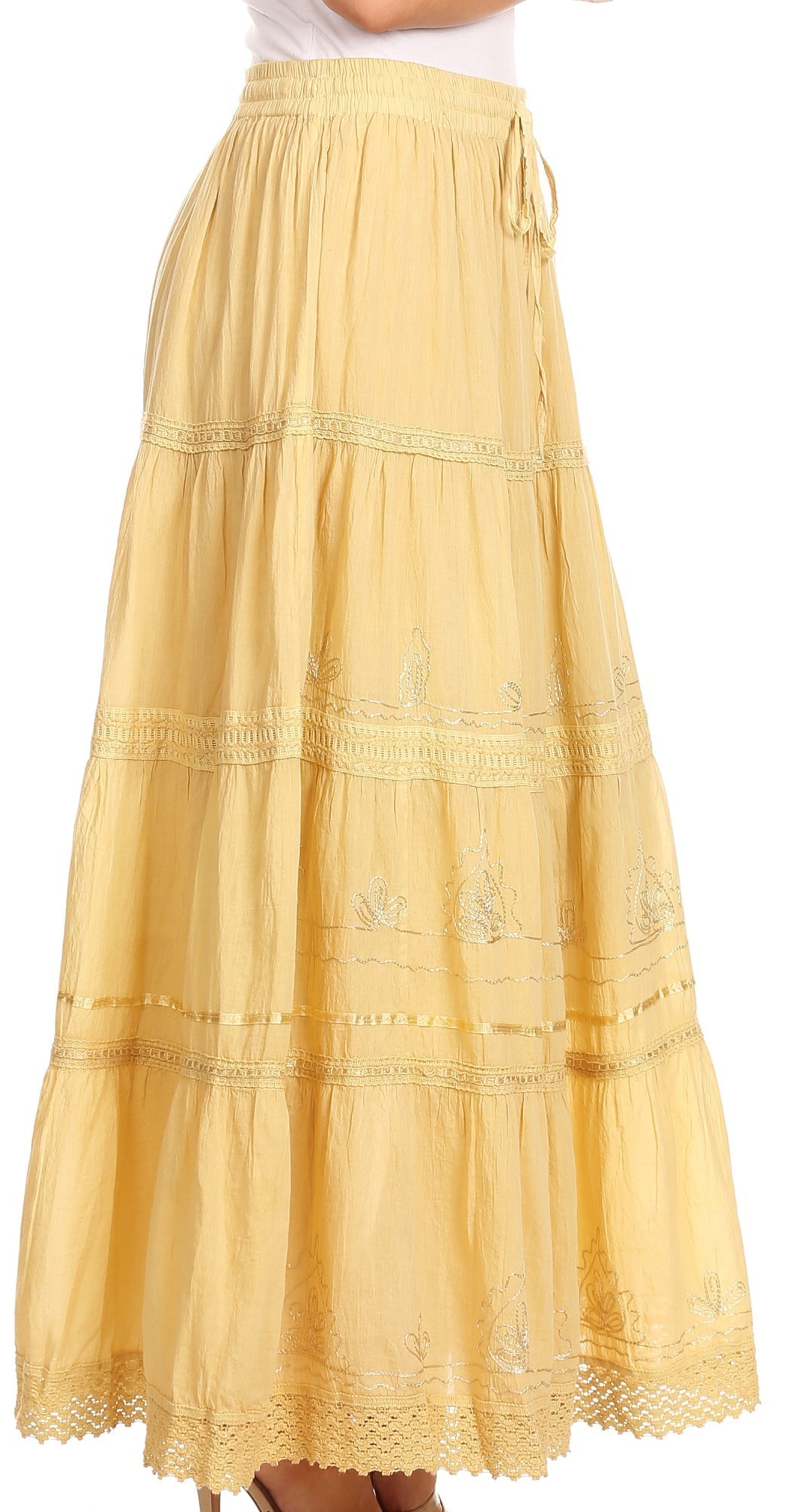 Sakkas Solid Embroidered Crochet Lace Trim Gypsy Bohemian Mid Length Cotton Skirt - Concordia Style Boutique