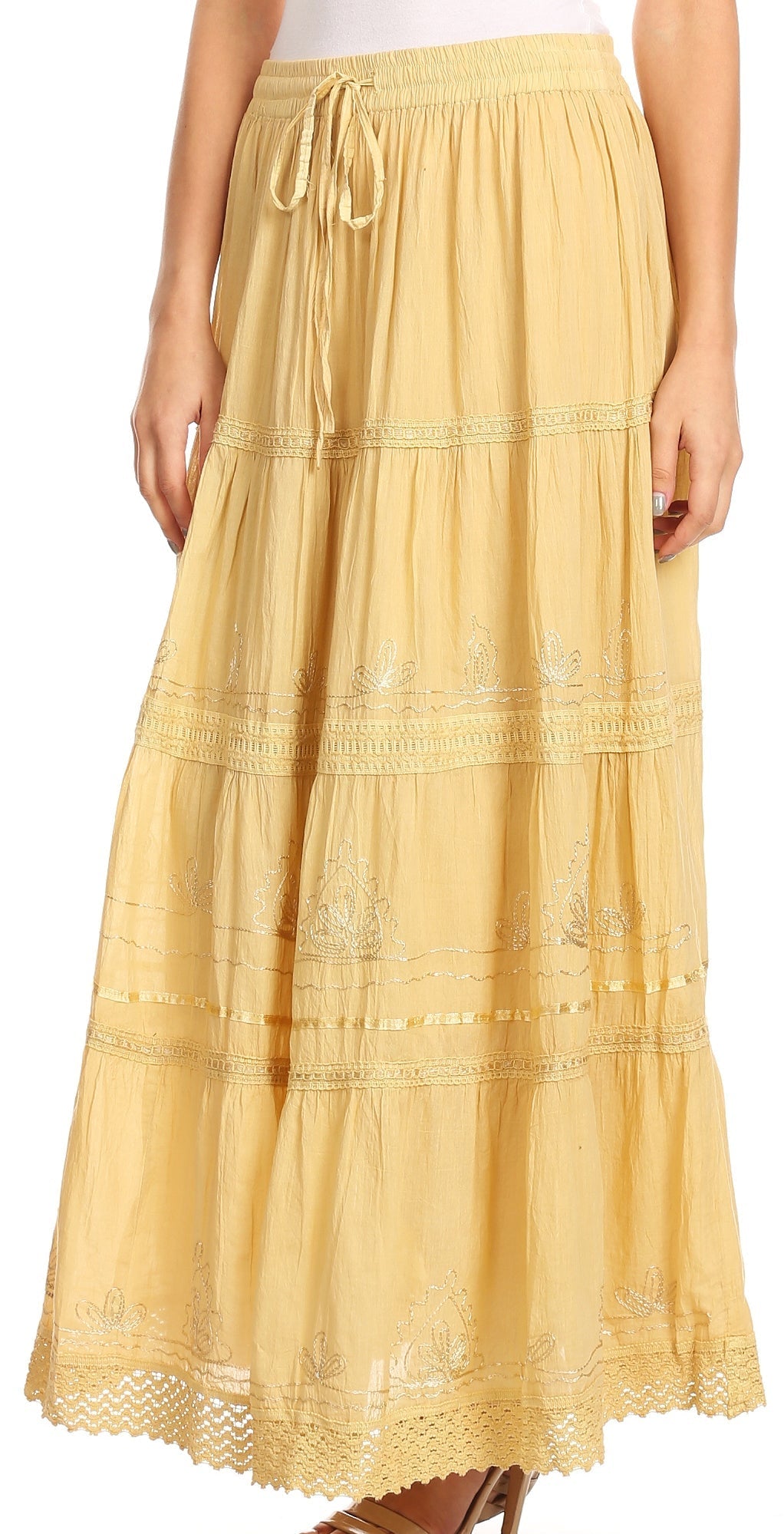 Sakkas Solid Embroidered Crochet Lace Trim Gypsy Bohemian Mid Length Cotton Skirt - Concordia Style Boutique