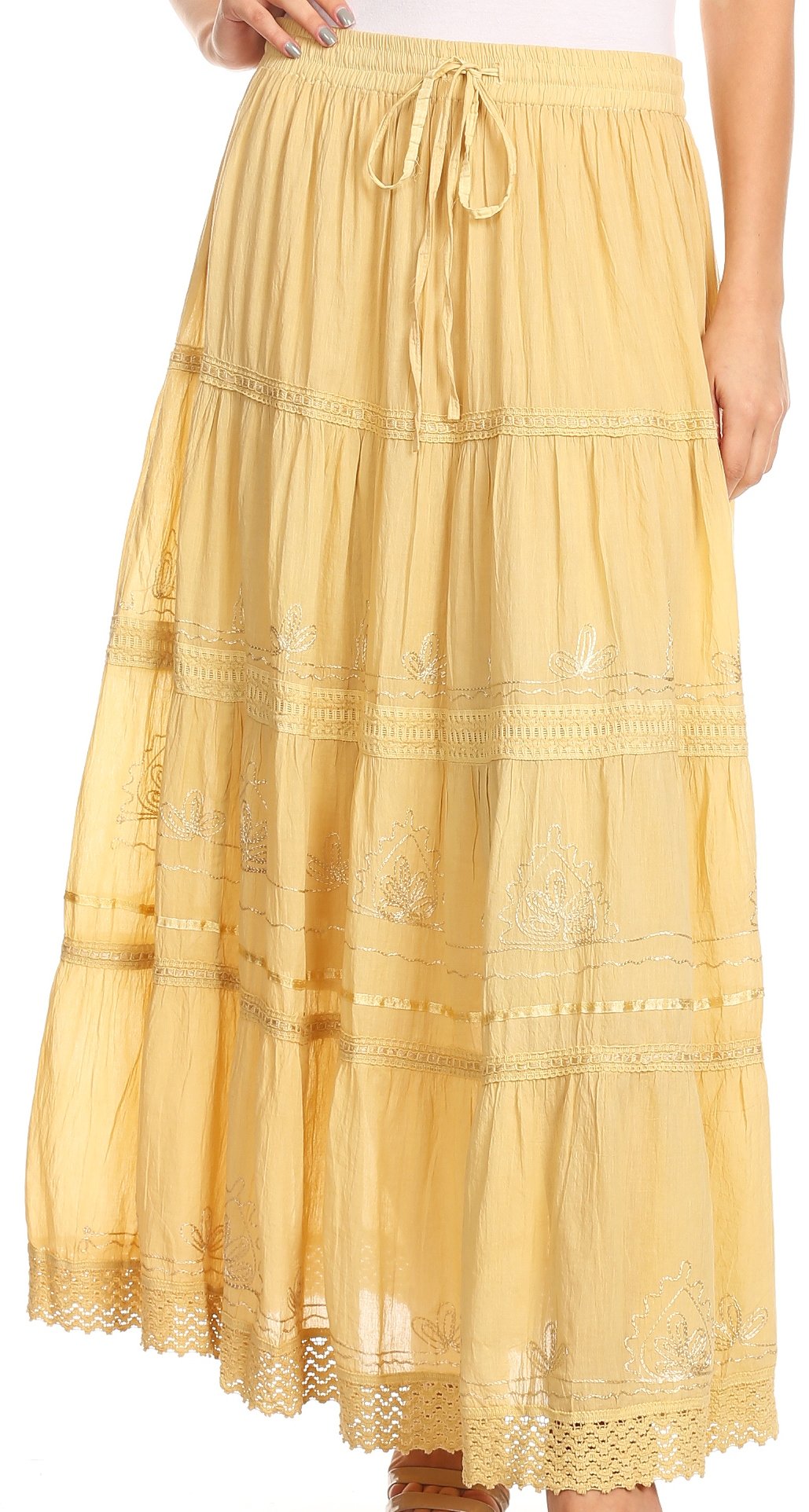 Sakkas Solid Embroidered Crochet Lace Trim Gypsy Bohemian Mid Length Cotton Skirt - Concordia Style Boutique