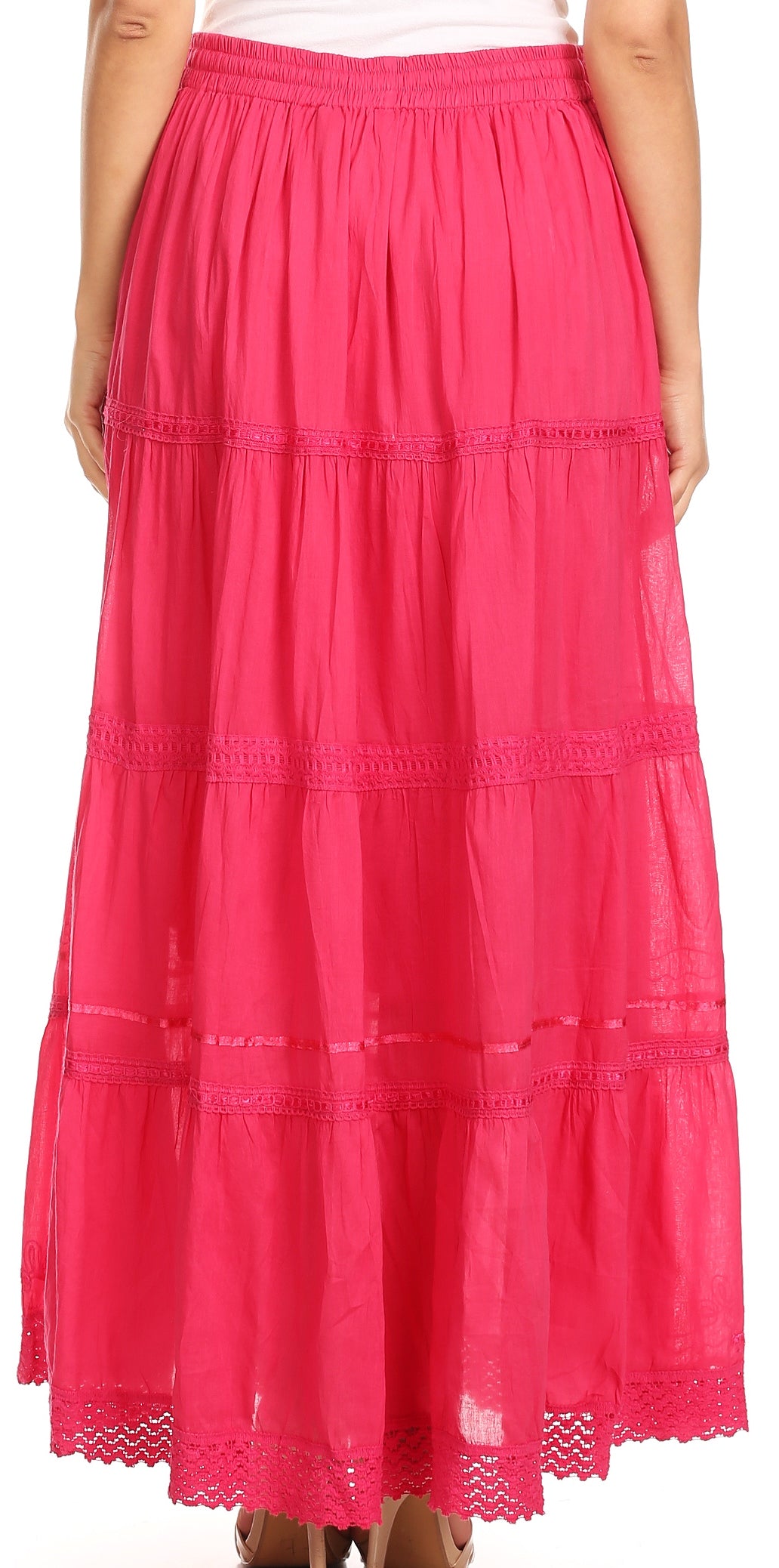 Sakkas Solid Embroidered Crochet Lace Trim Gypsy Bohemian Mid Length Cotton Skirt - Concordia Style Boutique