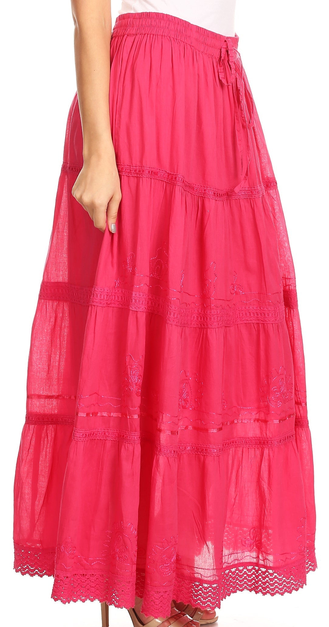 Sakkas Solid Embroidered Crochet Lace Trim Gypsy Bohemian Mid Length Cotton Skirt - Concordia Style Boutique