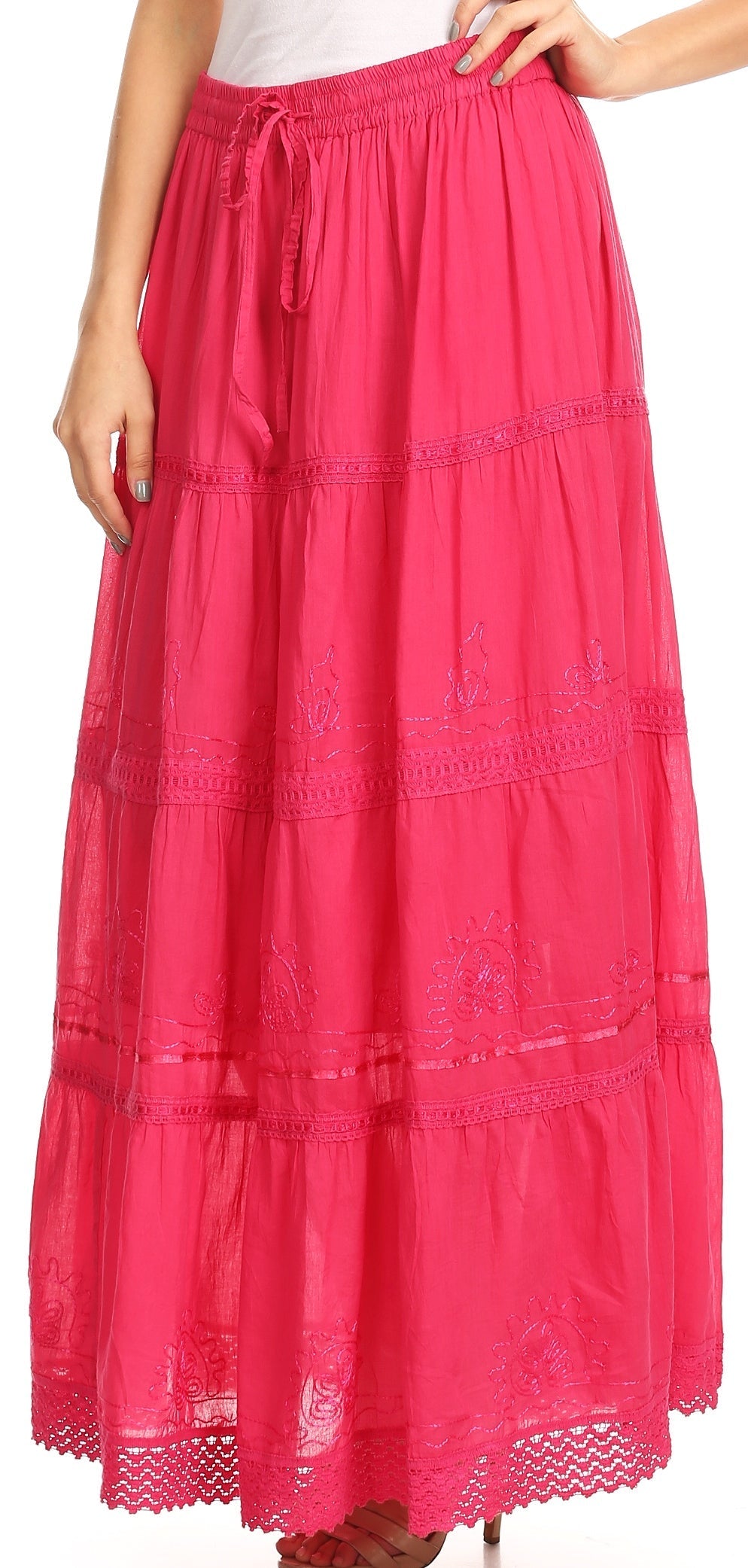 Sakkas Solid Embroidered Crochet Lace Trim Gypsy Bohemian Mid Length Cotton Skirt - Concordia Style Boutique