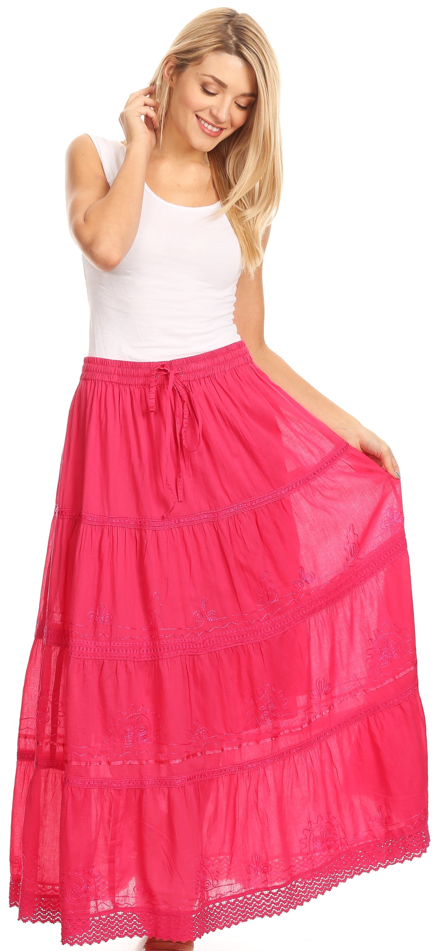 Sakkas Solid Embroidered Crochet Lace Trim Gypsy Bohemian Mid Length Cotton Skirt - Concordia Style Boutique
