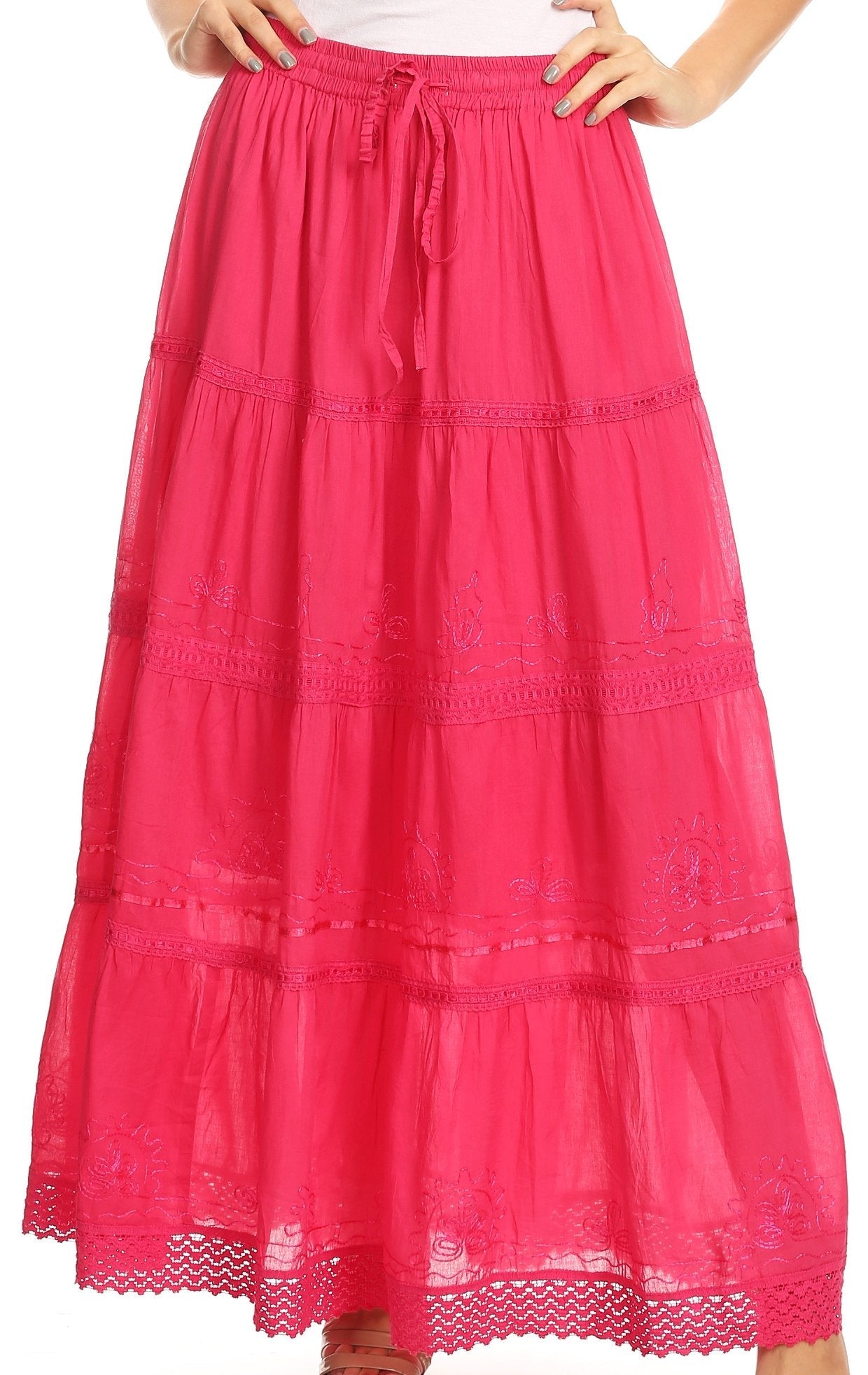 Sakkas Solid Embroidered Crochet Lace Trim Gypsy Bohemian Mid Length Cotton Skirt - Concordia Style Boutique