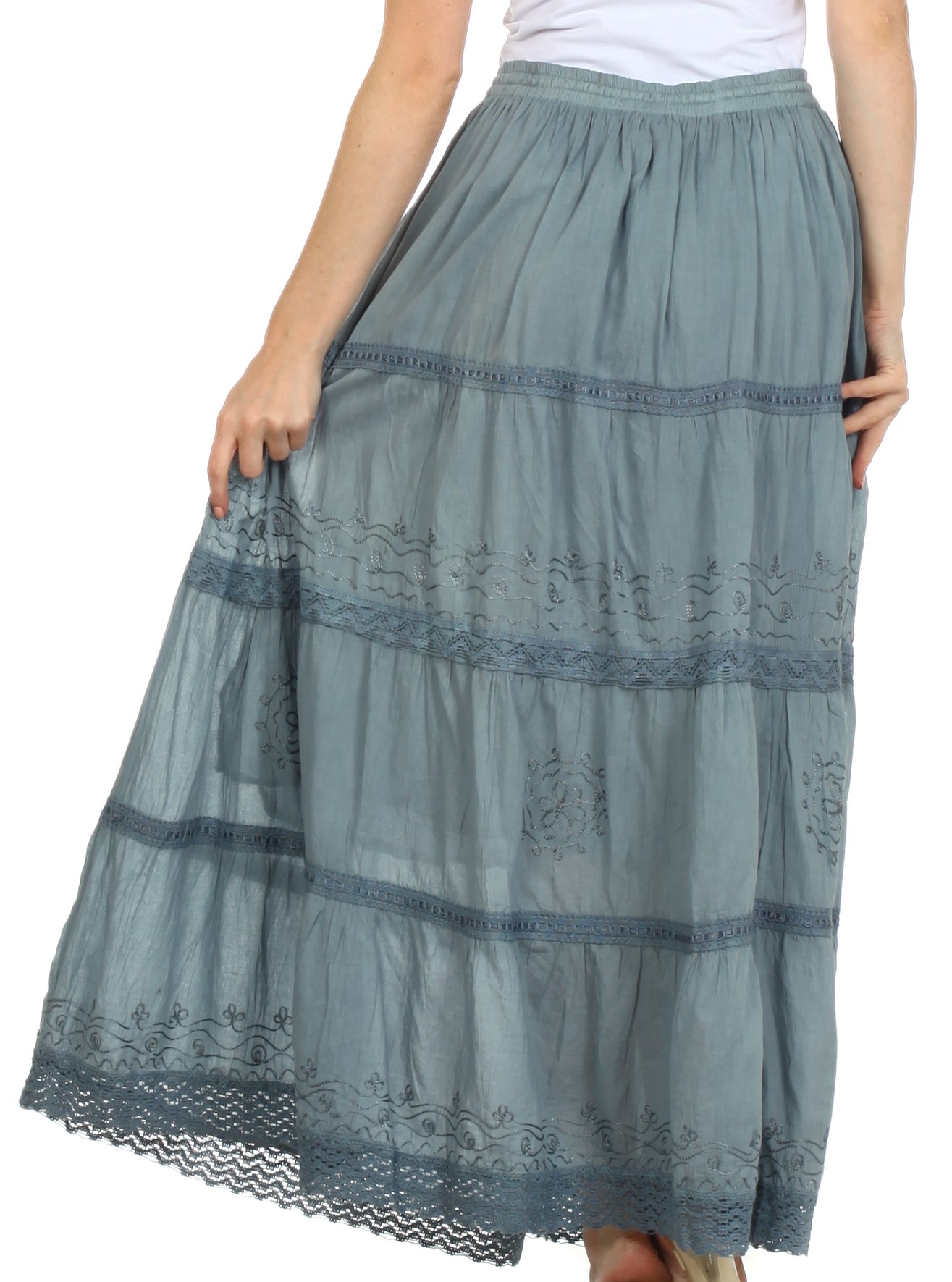 Sakkas Solid Embroidered Crochet Lace Trim Gypsy Bohemian Mid Length Cotton Skirt - Concordia Style Boutique