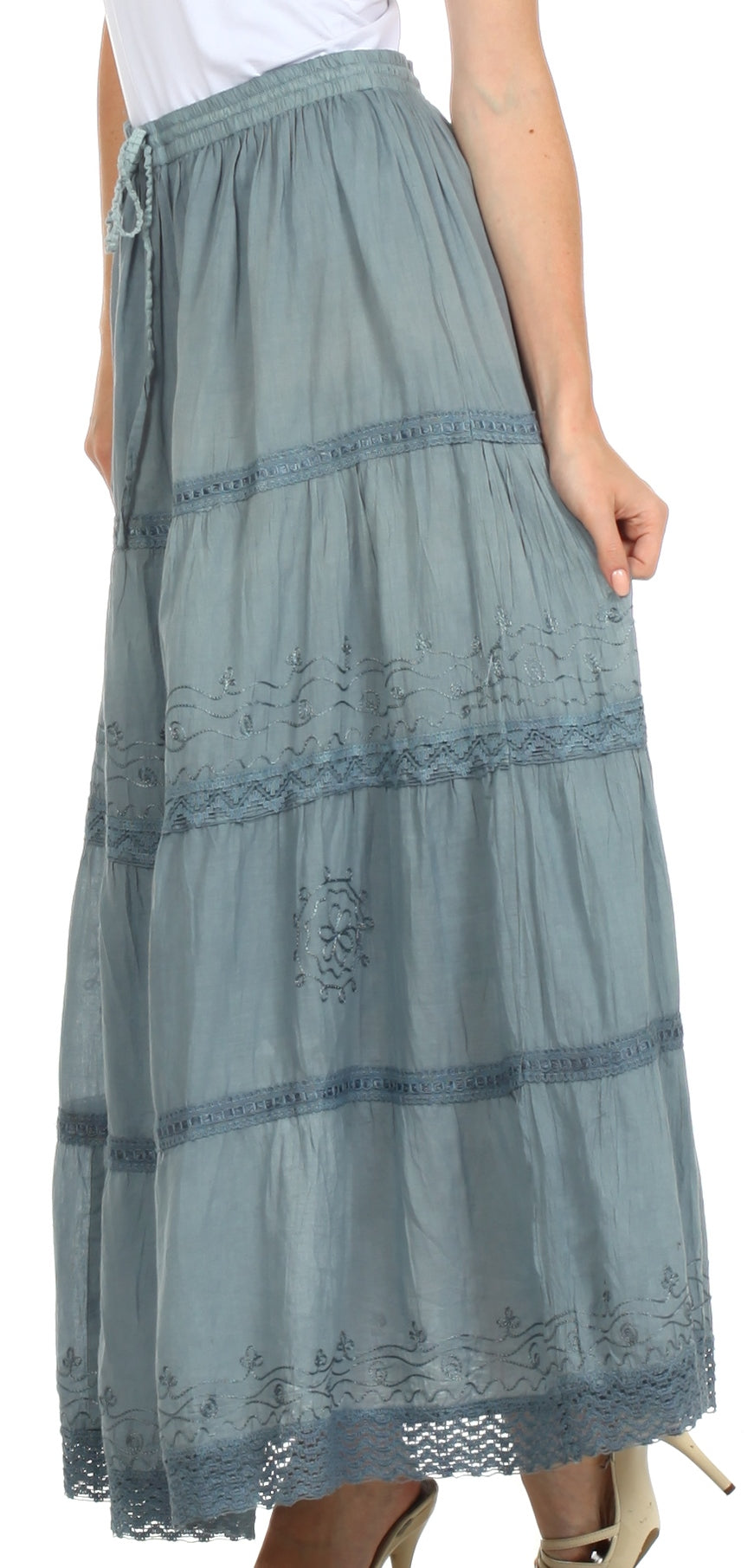 Sakkas Solid Embroidered Crochet Lace Trim Gypsy Bohemian Mid Length Cotton Skirt - Concordia Style Boutique
