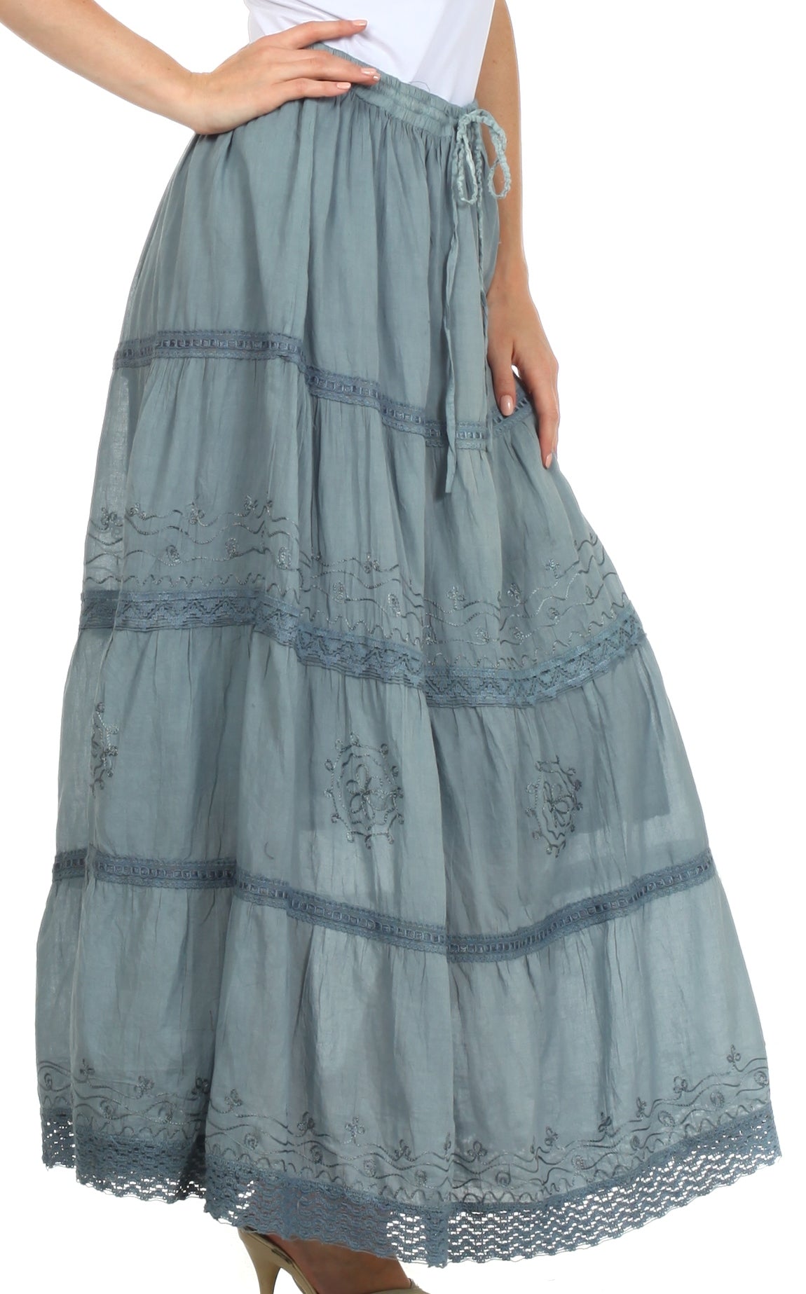 Sakkas Solid Embroidered Crochet Lace Trim Gypsy Bohemian Mid Length Cotton Skirt - Concordia Style Boutique