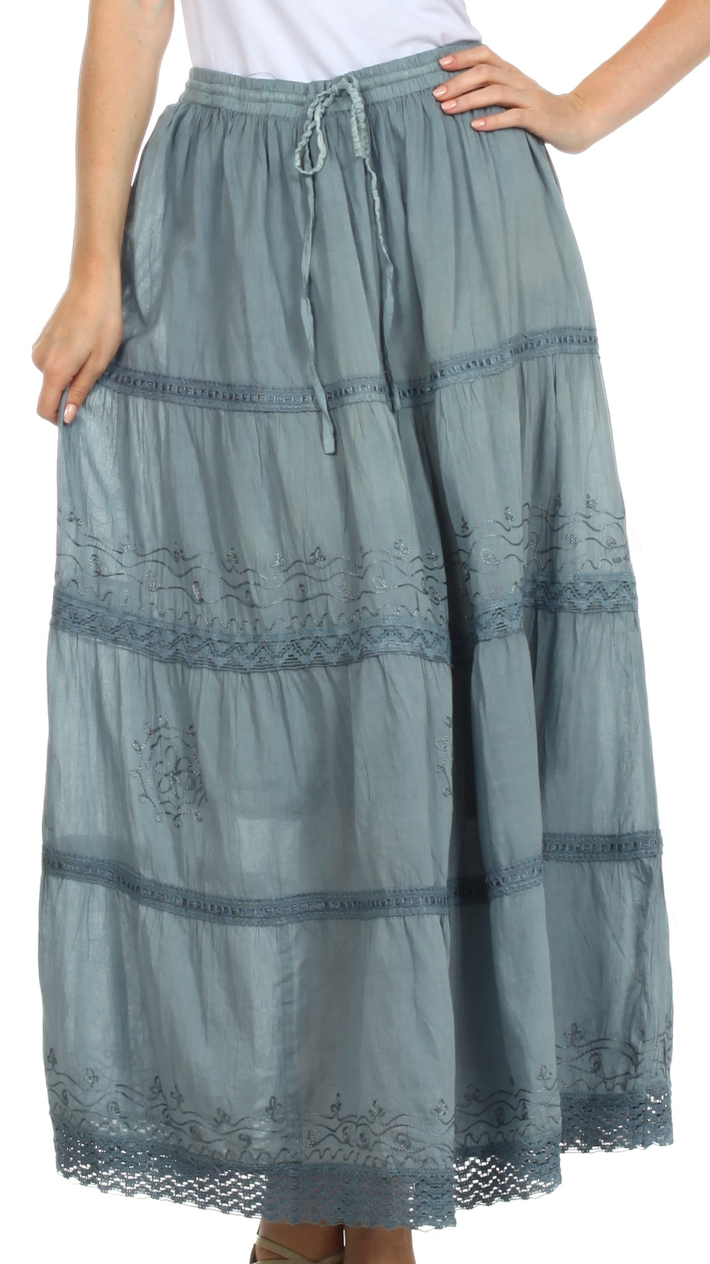 Sakkas Solid Embroidered Crochet Lace Trim Gypsy Bohemian Mid Length Cotton Skirt - Concordia Style Boutique