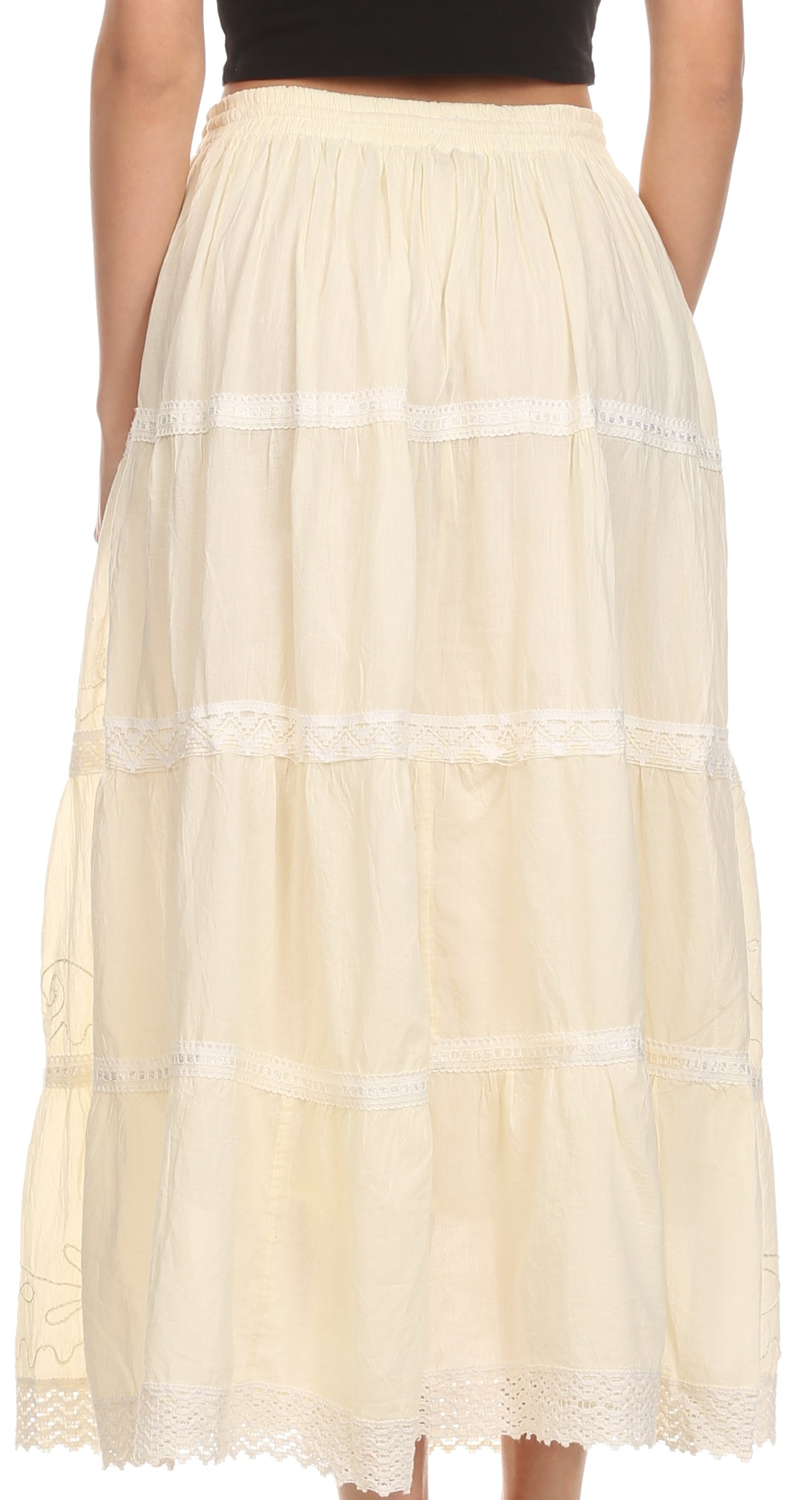 Sakkas Solid Embroidered Crochet Lace Trim Gypsy Bohemian Mid Length Cotton Skirt - Concordia Style Boutique