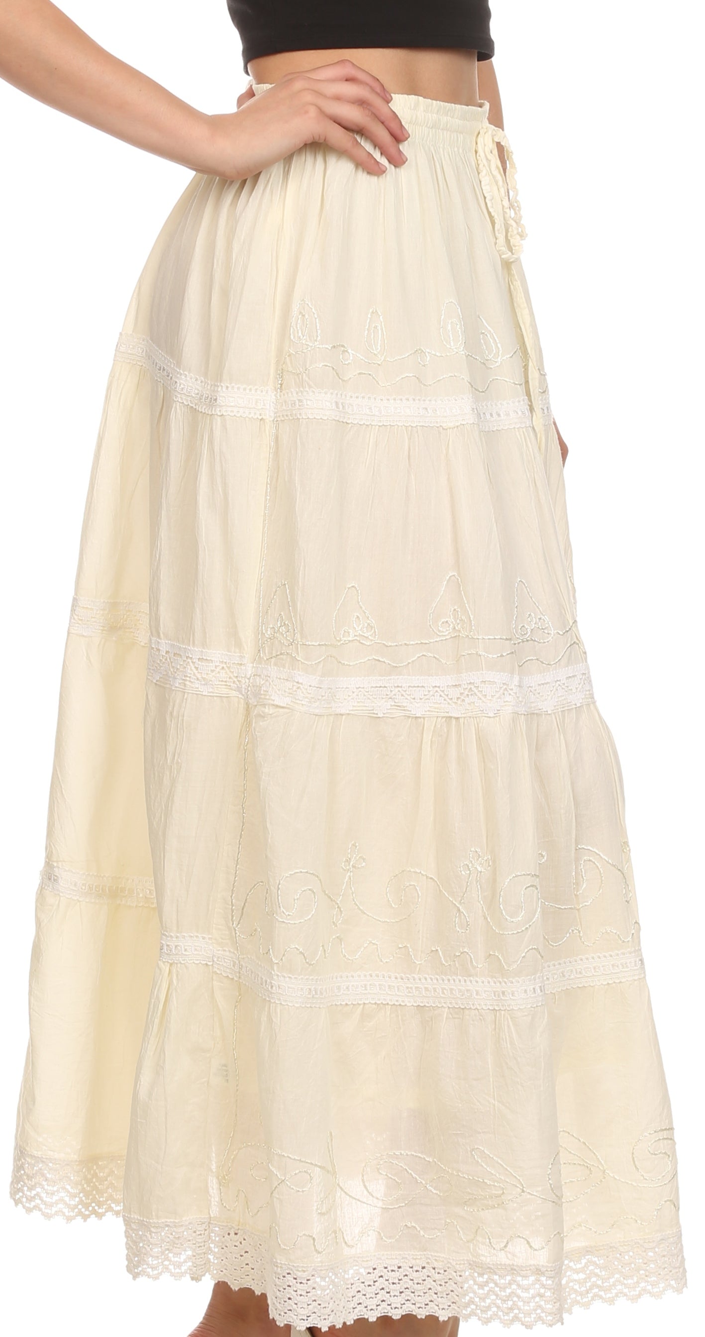 Sakkas Solid Embroidered Crochet Lace Trim Gypsy Bohemian Mid Length Cotton Skirt - Concordia Style Boutique