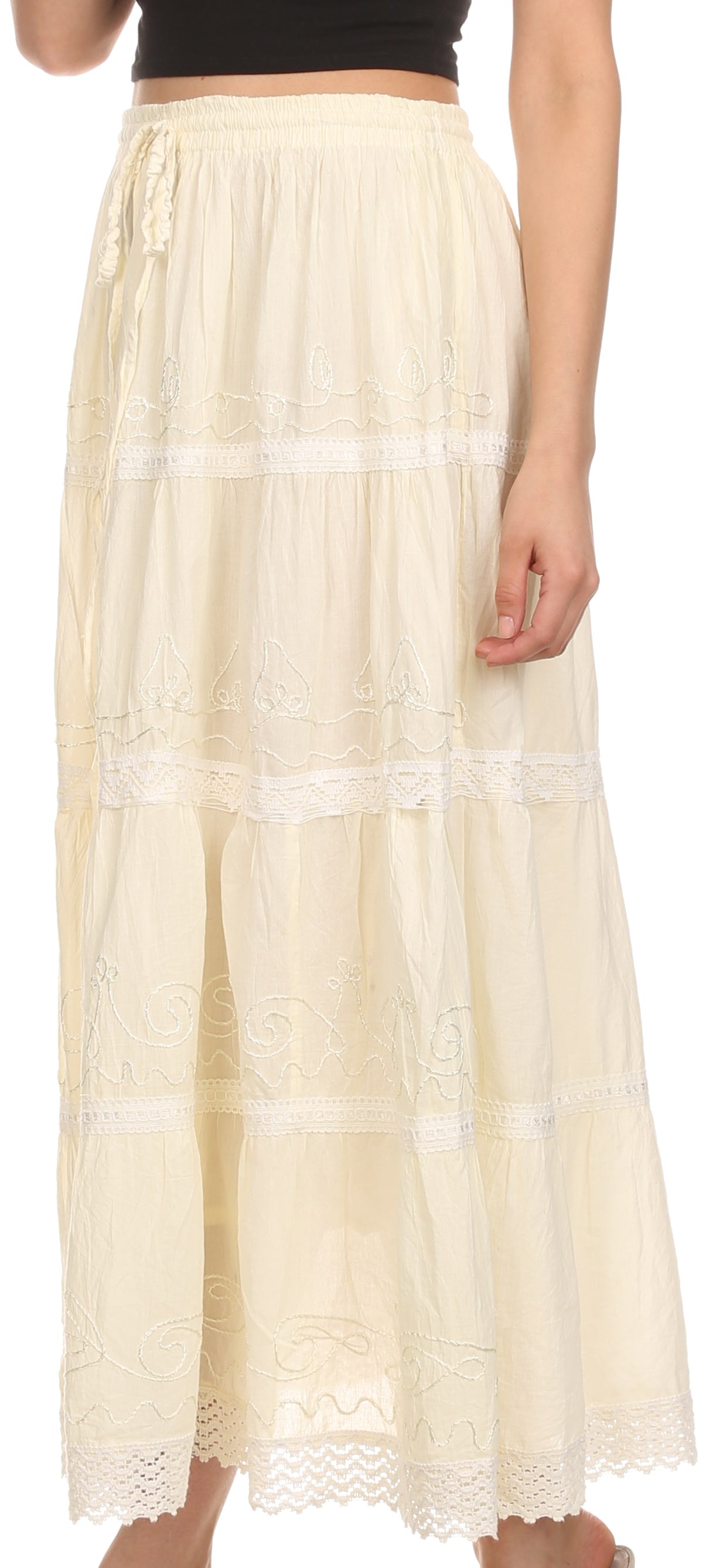 Sakkas Solid Embroidered Crochet Lace Trim Gypsy Bohemian Mid Length Cotton Skirt - Concordia Style Boutique