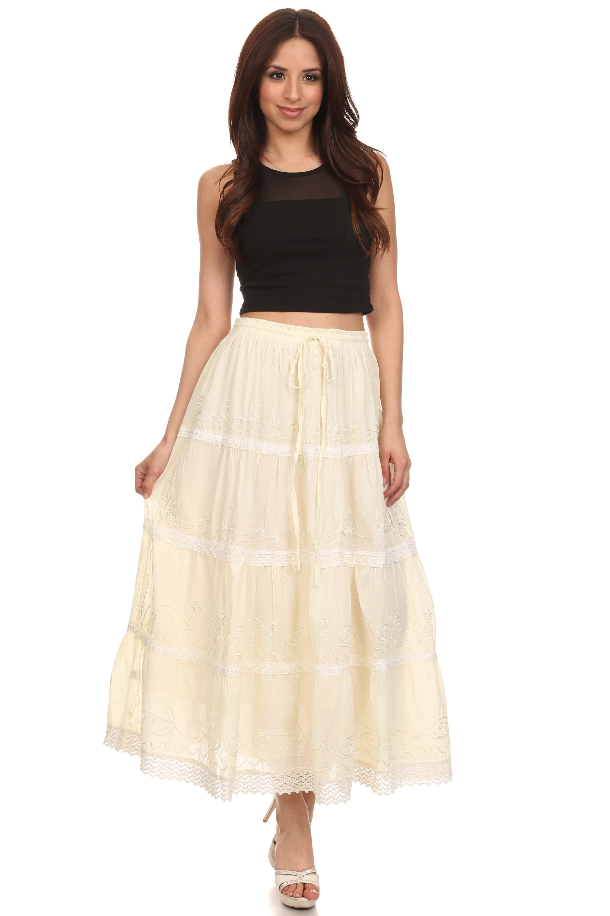 Sakkas Solid Embroidered Crochet Lace Trim Gypsy Bohemian Mid Length Cotton Skirt - Concordia Style Boutique