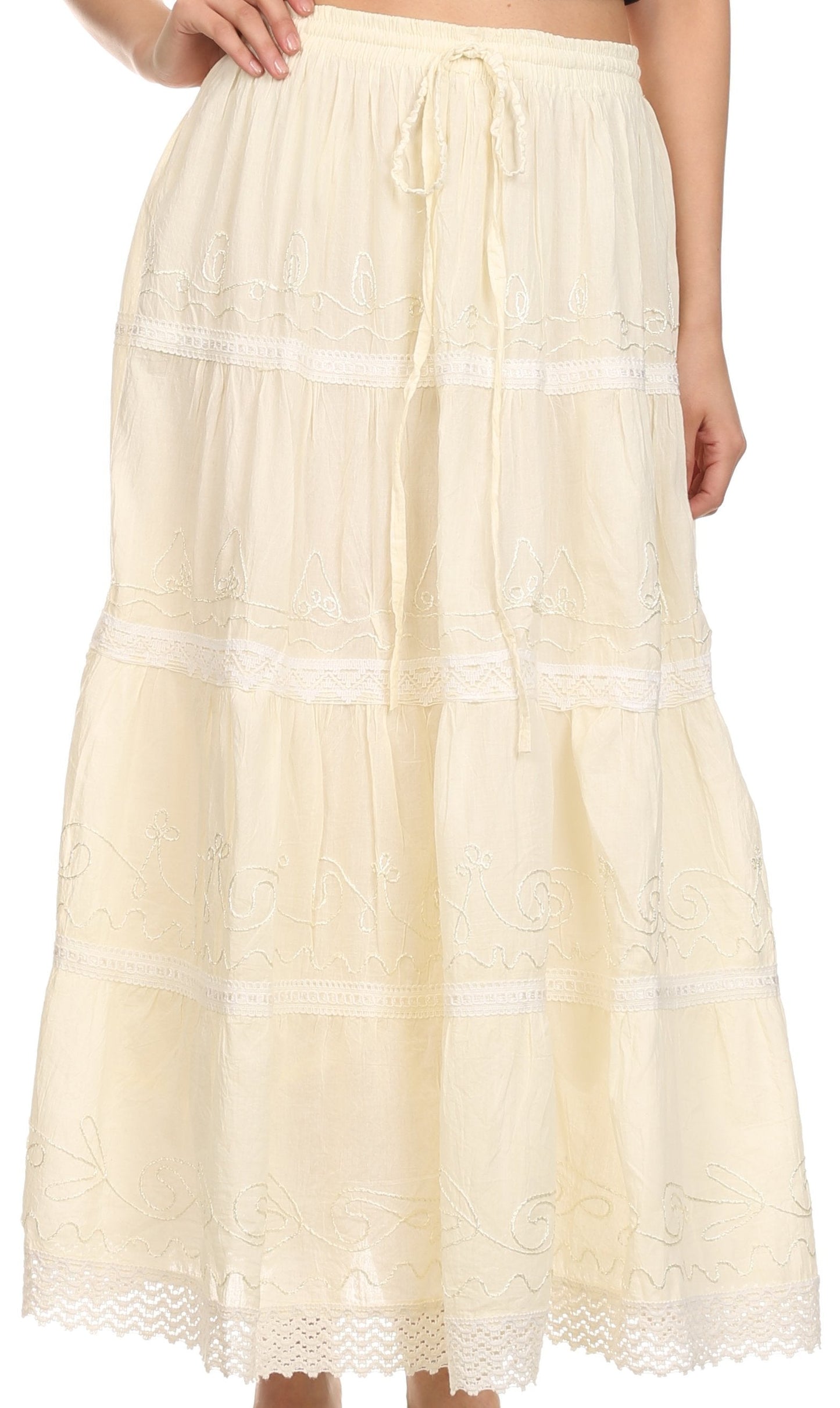 Sakkas Solid Embroidered Crochet Lace Trim Gypsy Bohemian Mid Length Cotton Skirt - Concordia Style Boutique