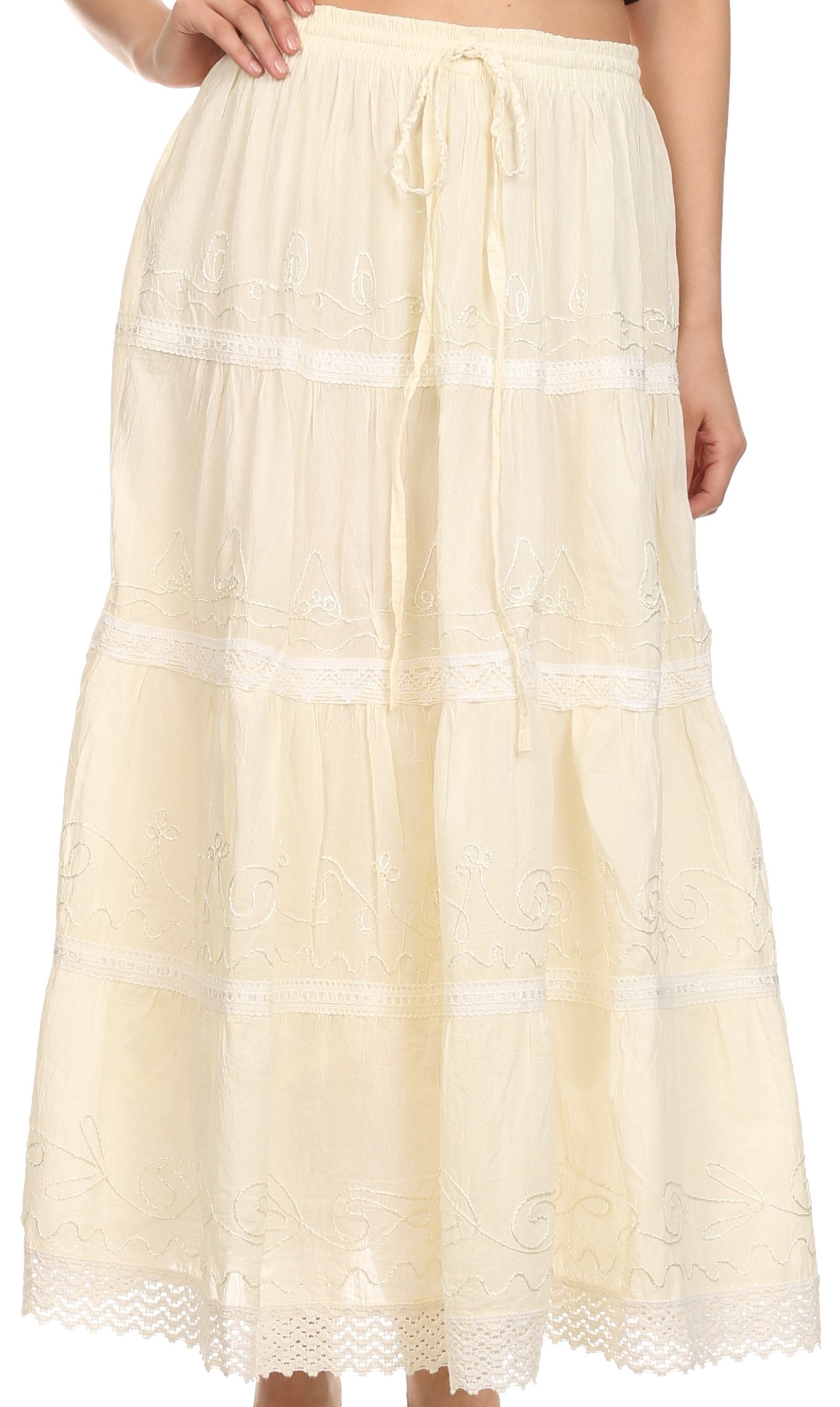 Sakkas Solid Embroidered Crochet Lace Trim Gypsy Bohemian Mid Length Cotton Skirt - Concordia Style Boutique