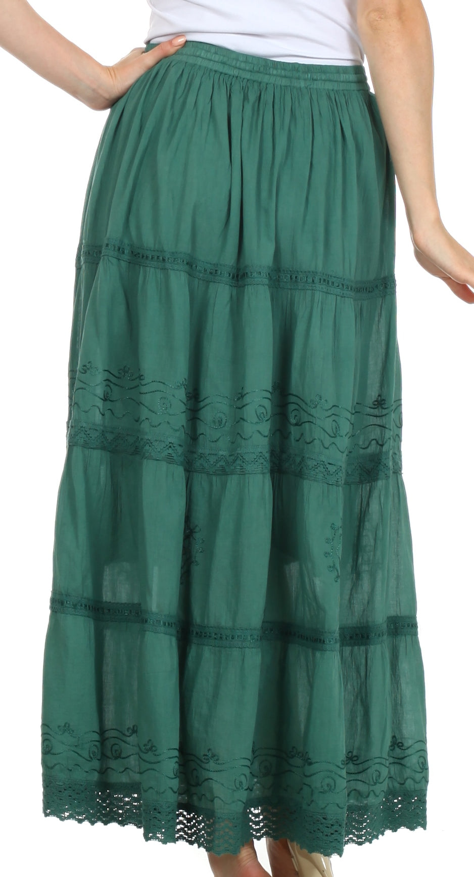 Sakkas Solid Embroidered Crochet Lace Trim Gypsy Bohemian Mid Length Cotton Skirt - Concordia Style Boutique