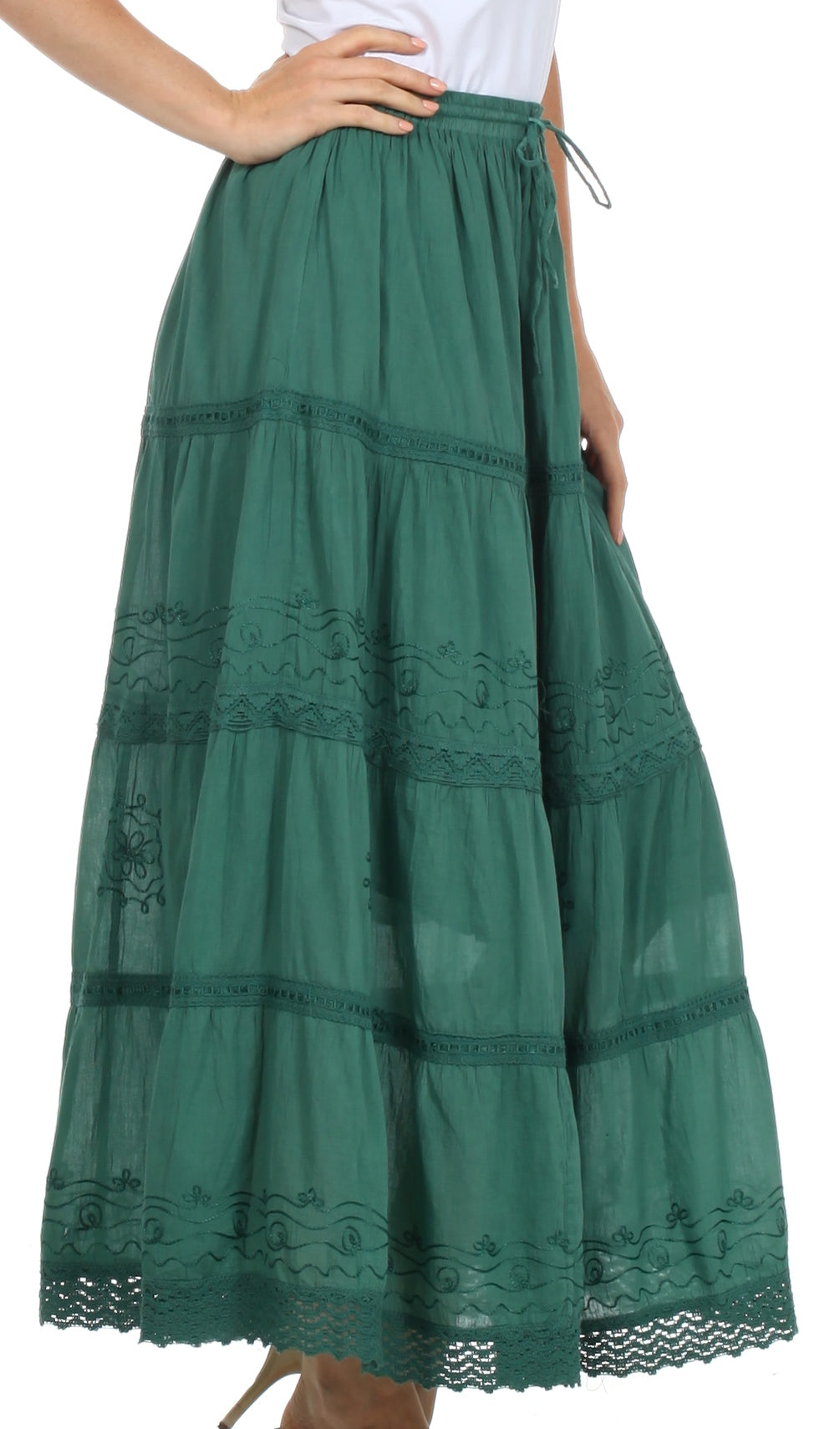 Sakkas Solid Embroidered Crochet Lace Trim Gypsy Bohemian Mid Length Cotton Skirt - Concordia Style Boutique
