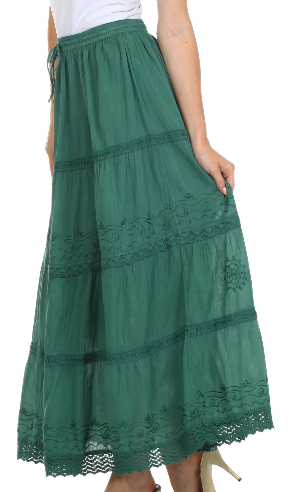 Sakkas Solid Embroidered Crochet Lace Trim Gypsy Bohemian Mid Length Cotton Skirt - Concordia Style Boutique