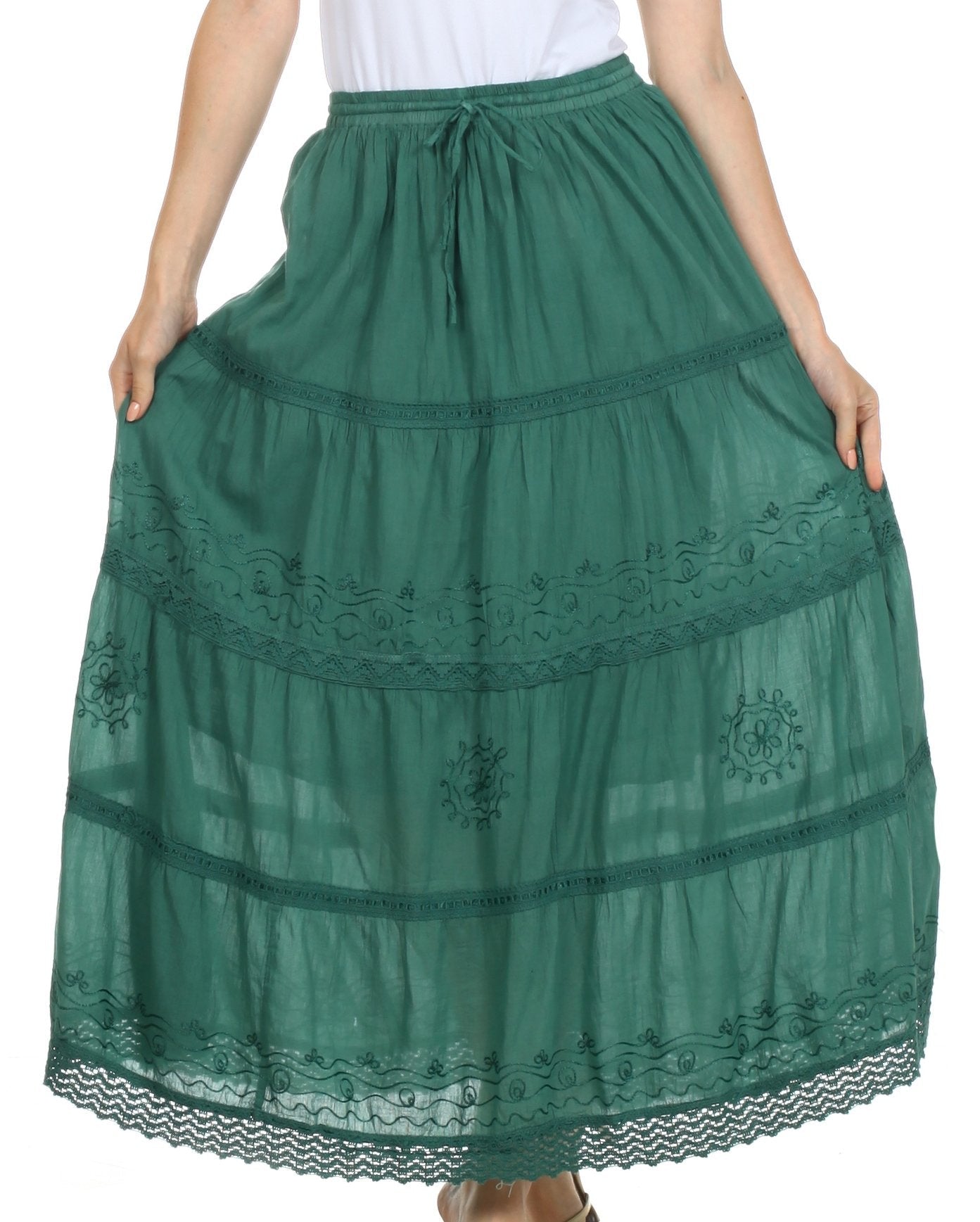 Sakkas Solid Embroidered Crochet Lace Trim Gypsy Bohemian Mid Length Cotton Skirt - Concordia Style Boutique