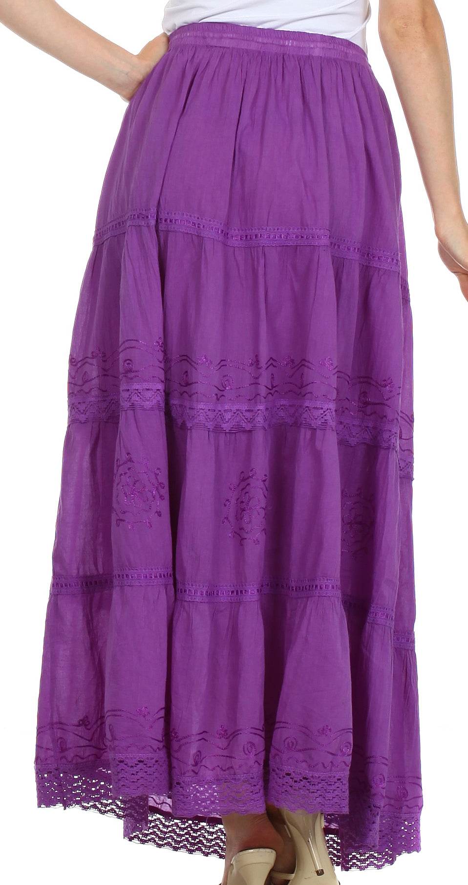 Sakkas Solid Embroidered Crochet Lace Trim Gypsy Bohemian Mid Length Cotton Skirt - Concordia Style Boutique