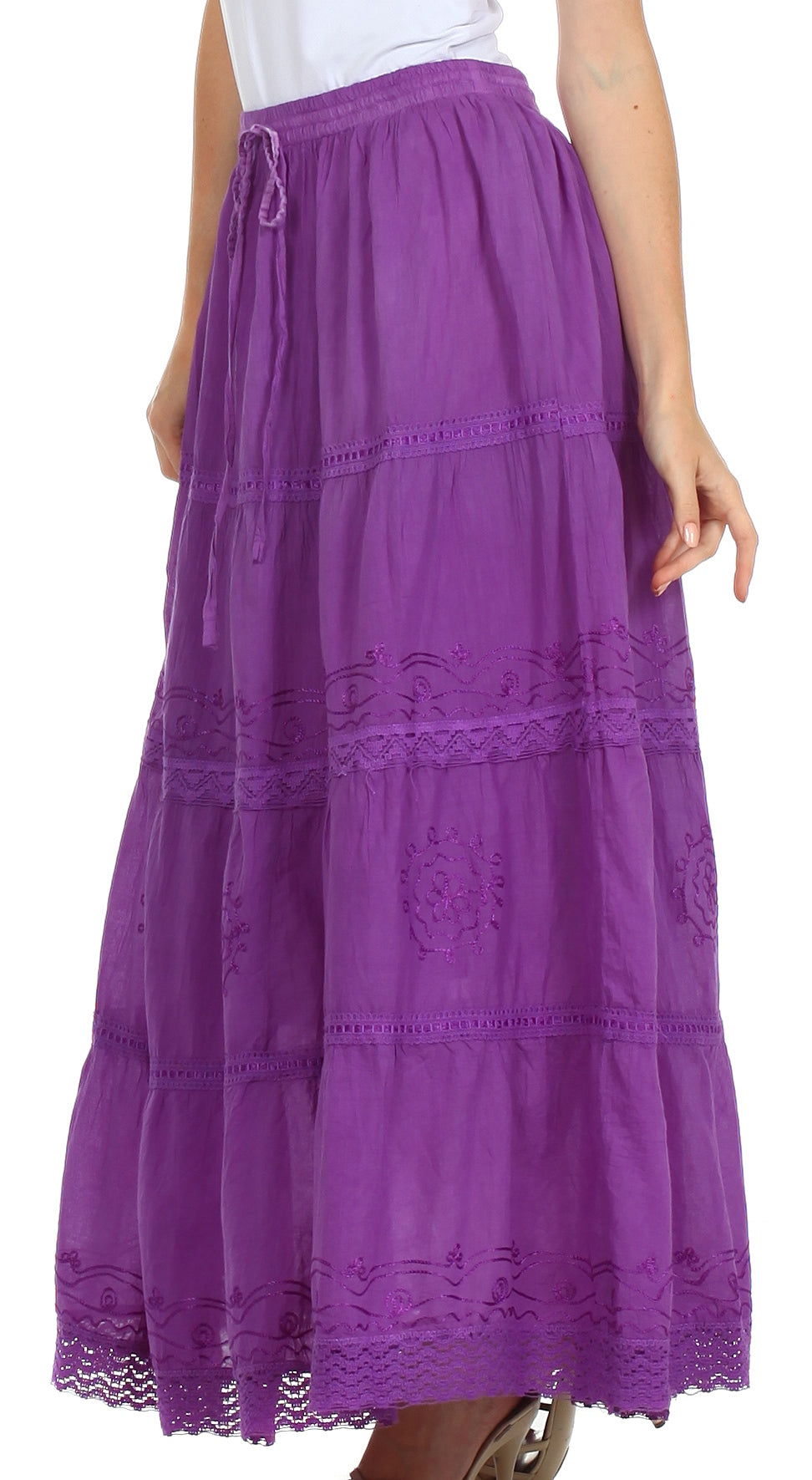 Sakkas Solid Embroidered Crochet Lace Trim Gypsy Bohemian Mid Length Cotton Skirt - Concordia Style Boutique