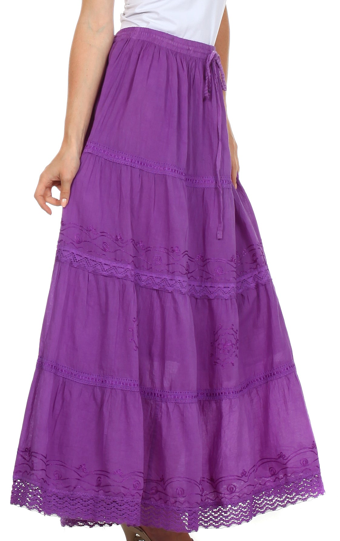 Sakkas Solid Embroidered Crochet Lace Trim Gypsy Bohemian Mid Length Cotton Skirt - Concordia Style Boutique