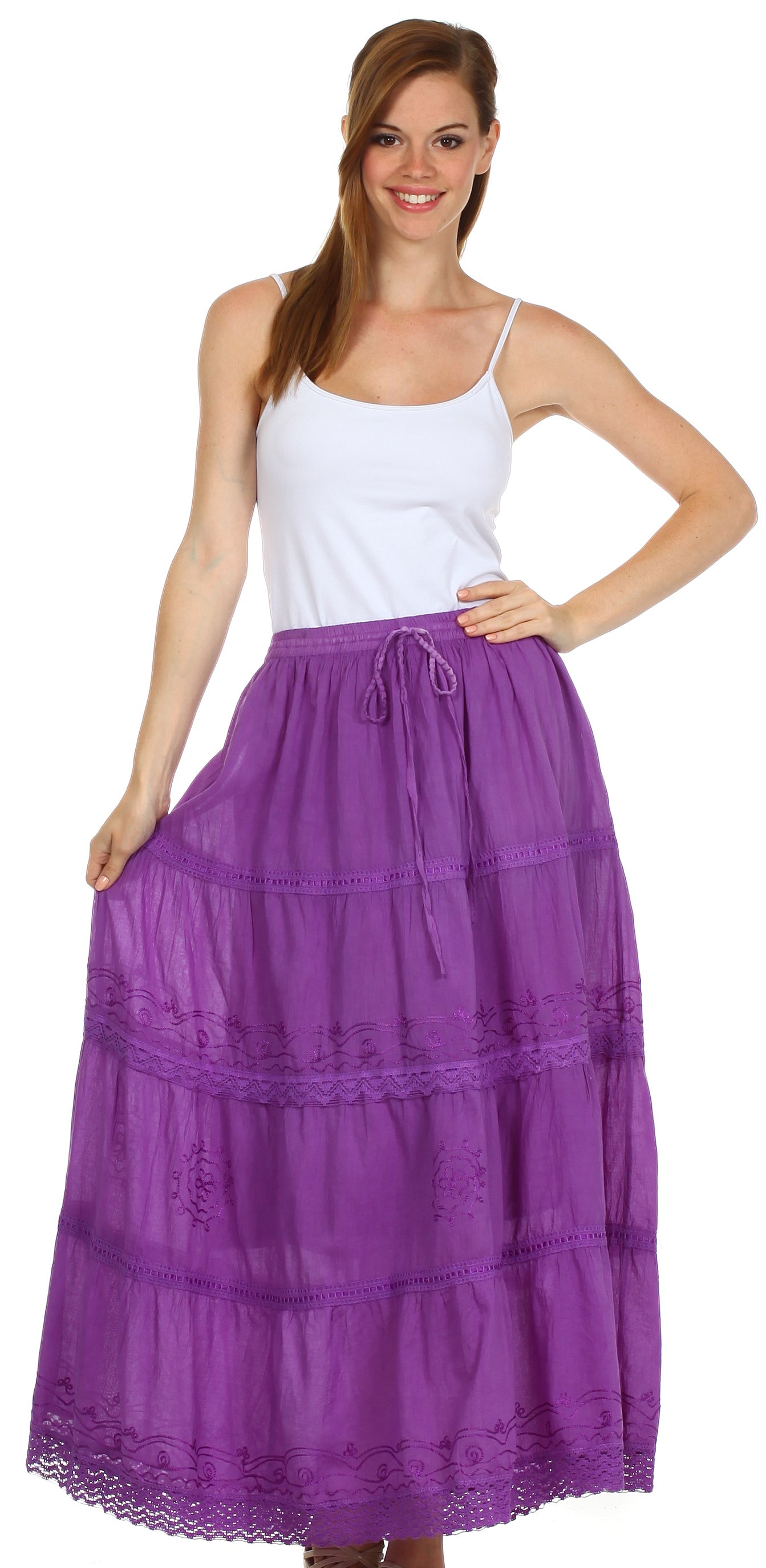 Sakkas Solid Embroidered Crochet Lace Trim Gypsy Bohemian Mid Length Cotton Skirt - Concordia Style Boutique