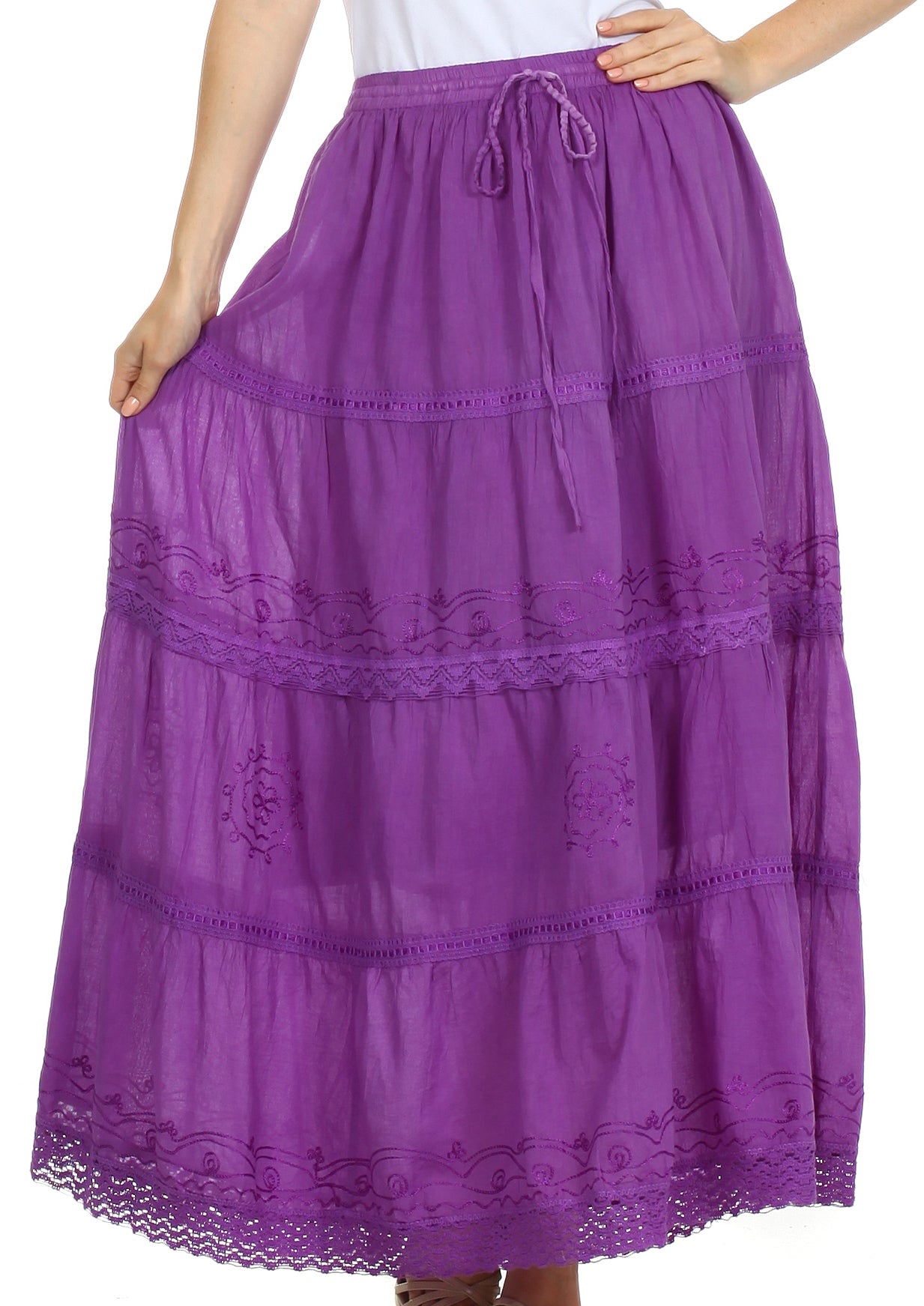 Sakkas Solid Embroidered Crochet Lace Trim Gypsy Bohemian Mid Length Cotton Skirt - Concordia Style Boutique