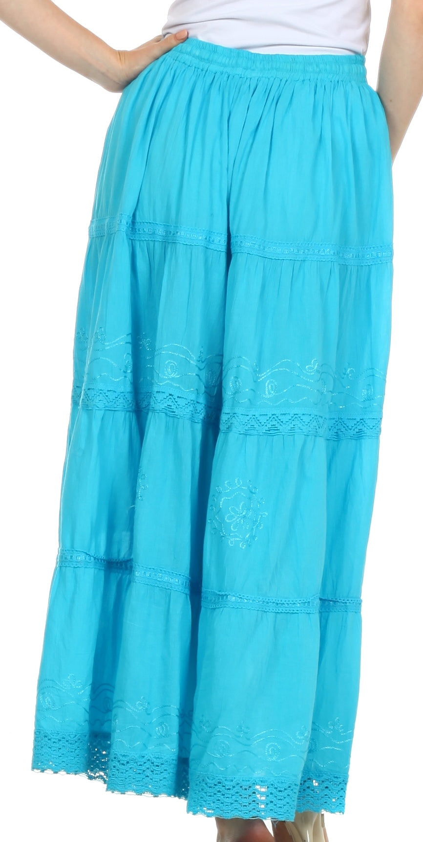 Sakkas Solid Embroidered Crochet Lace Trim Gypsy Bohemian Mid Length Cotton Skirt - Concordia Style Boutique