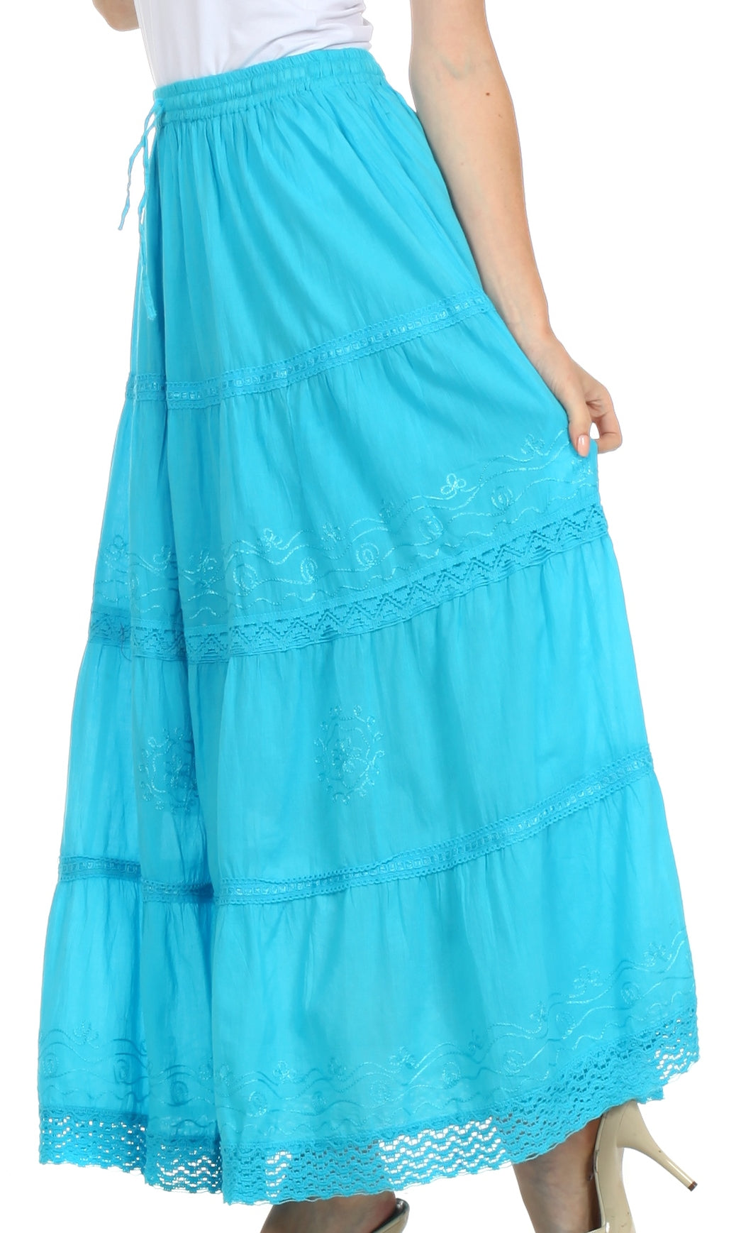 Sakkas Solid Embroidered Crochet Lace Trim Gypsy Bohemian Mid Length Cotton Skirt - Concordia Style Boutique