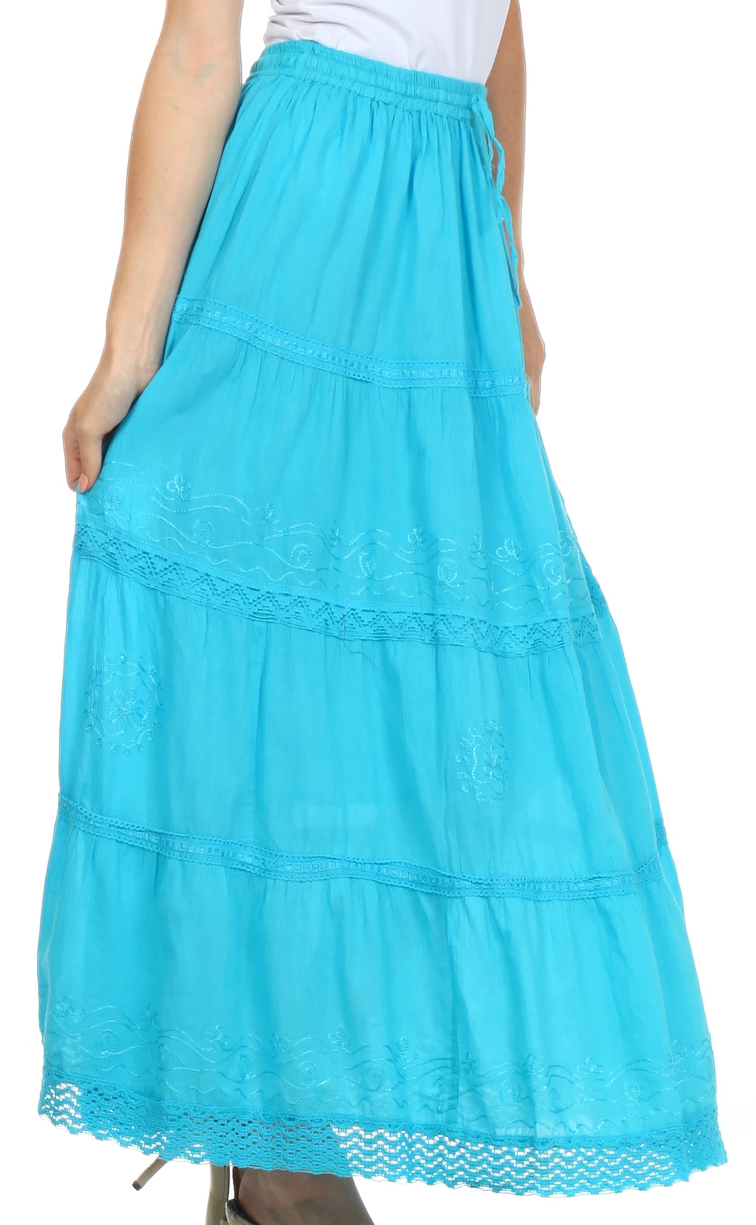 Sakkas Solid Embroidered Crochet Lace Trim Gypsy Bohemian Mid Length Cotton Skirt - Concordia Style Boutique